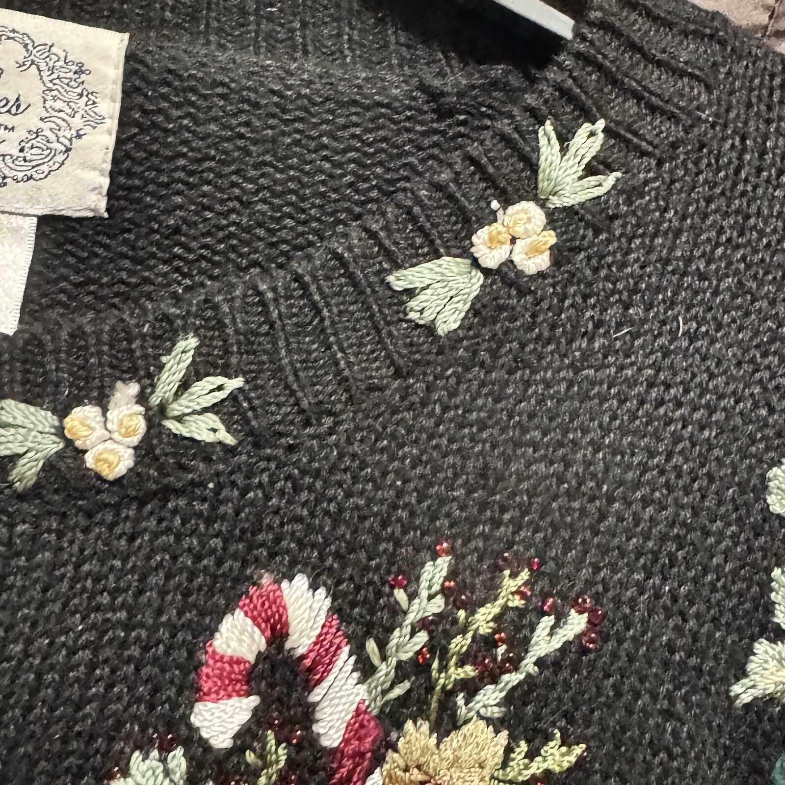 Stitches In Time Cardigan Sweater Stockings Holiday Christmas Black Size 1X Vtg