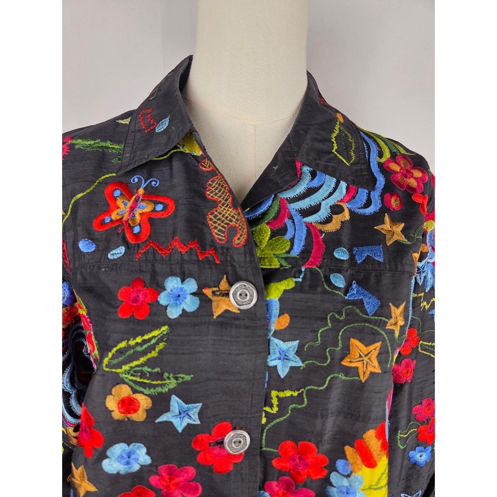 Chico’s Design Jacket Womens Size 1 Medium Black Silk Embroidered Vintage 80s