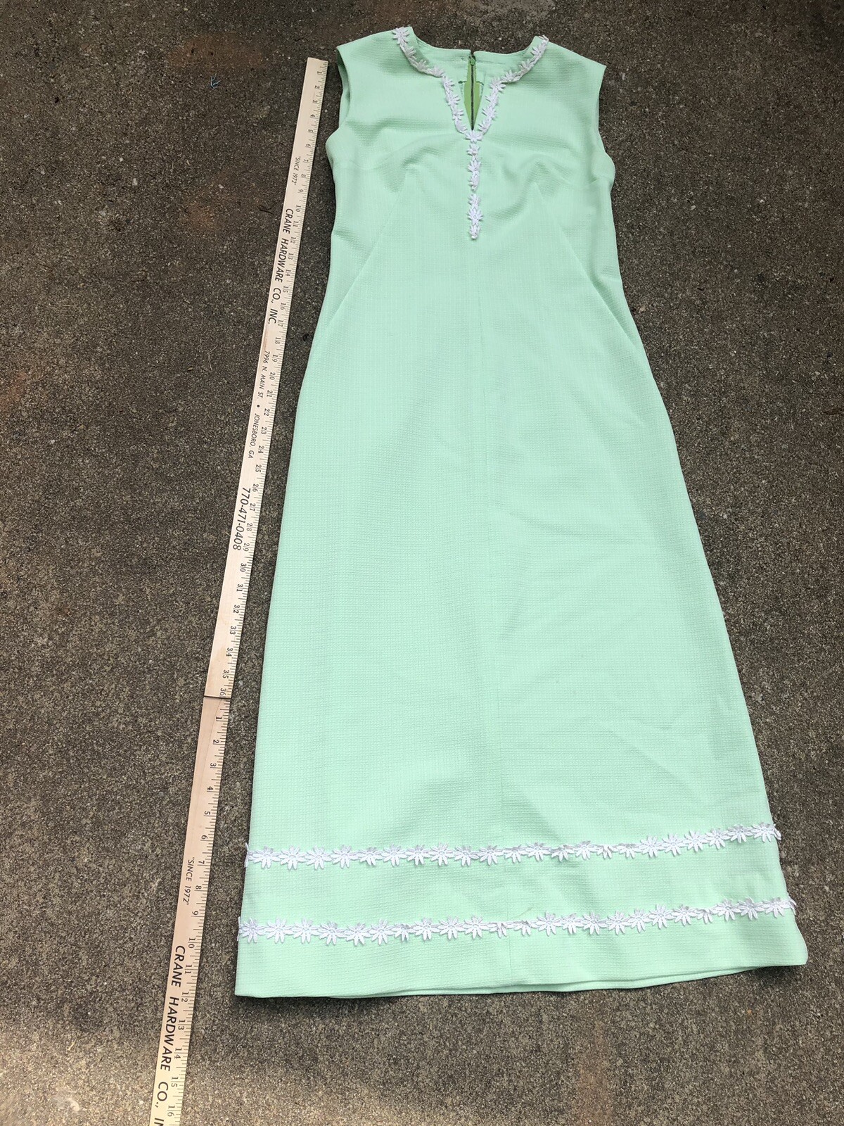 VTG 70s Mint Green Waffle Texture Polyester Sleeveless Floral Lace Maxi Dress~XS
