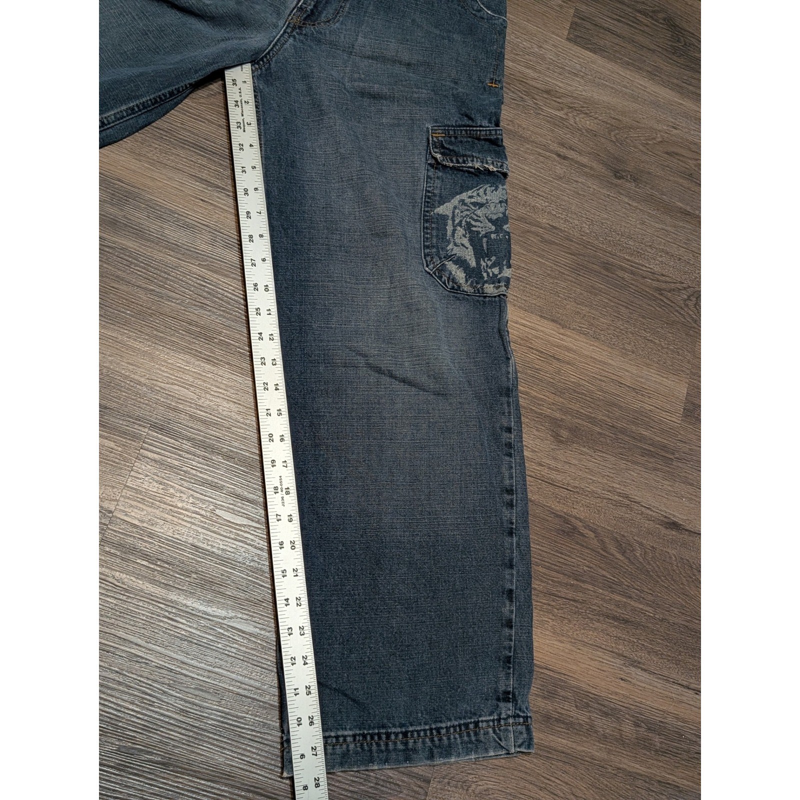 JNCO 90s Wide Leg Cargo Blue Denim Tiger Pocket Skater Pants Size 18 (30×28)