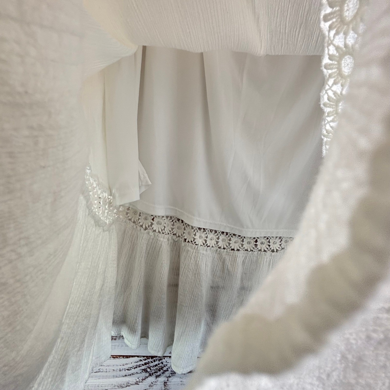 Vintage Midi Skirt 2X White 100% Cotton Gauze Crochet Lace Ruffle Boho Cottage