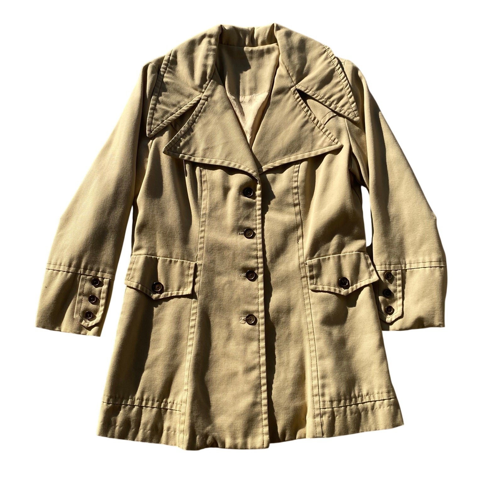 70s Khaki Canvas Short Trench Coat Sz M Women’s Safari Style True Vintage Trench