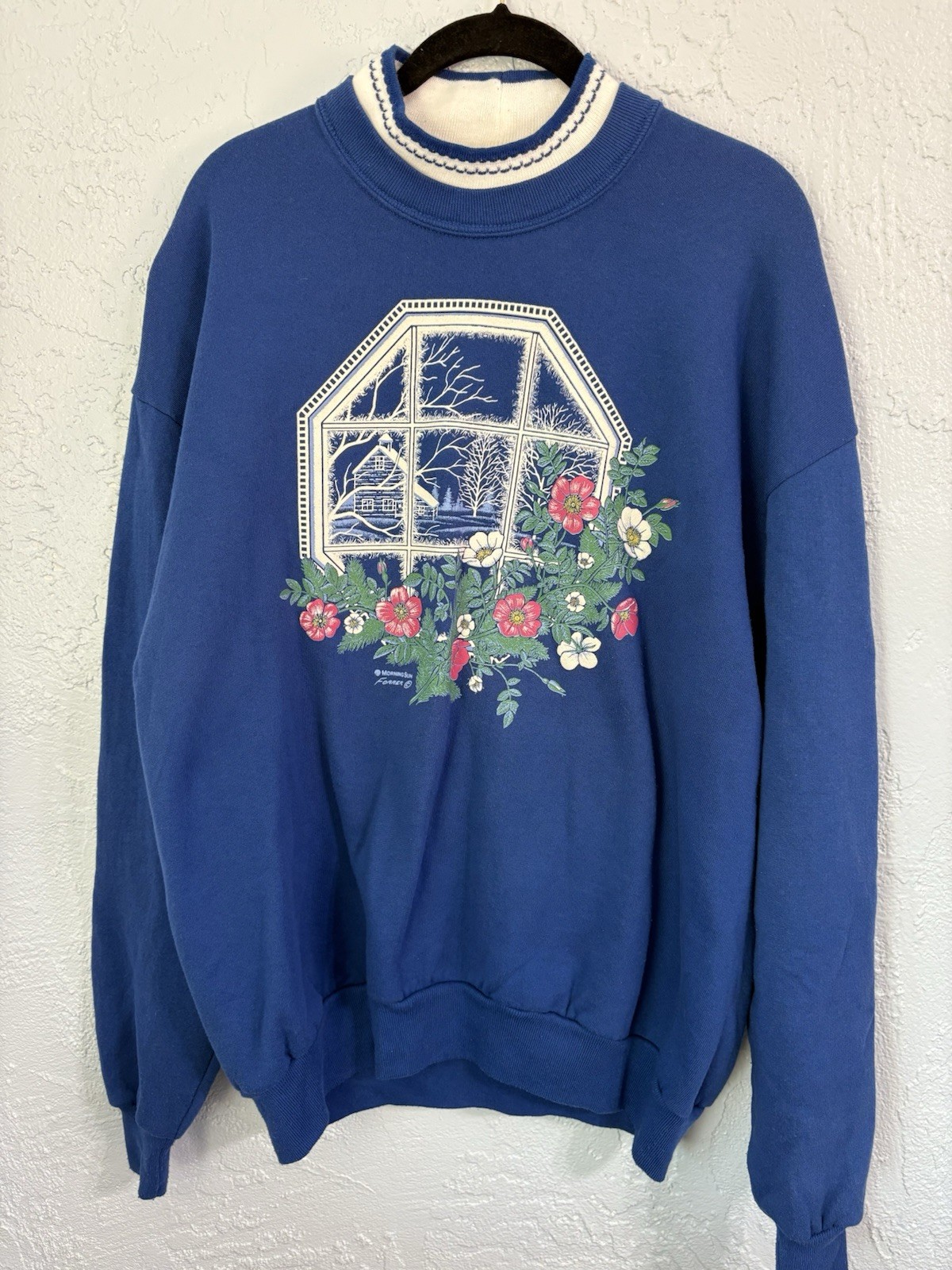 Vintage Morning Sun 90s Streetwear Women XL Farmhouse Flower Sweatshirt Blue USA