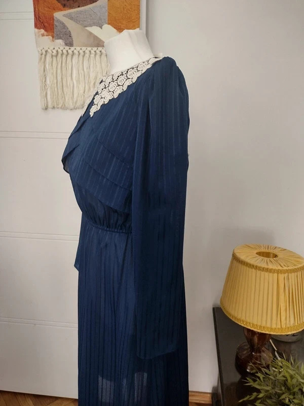 Rice Pudding Ltd Vintage 70s 80s Lace Collar Dress Navy Blue Striped Made in USA