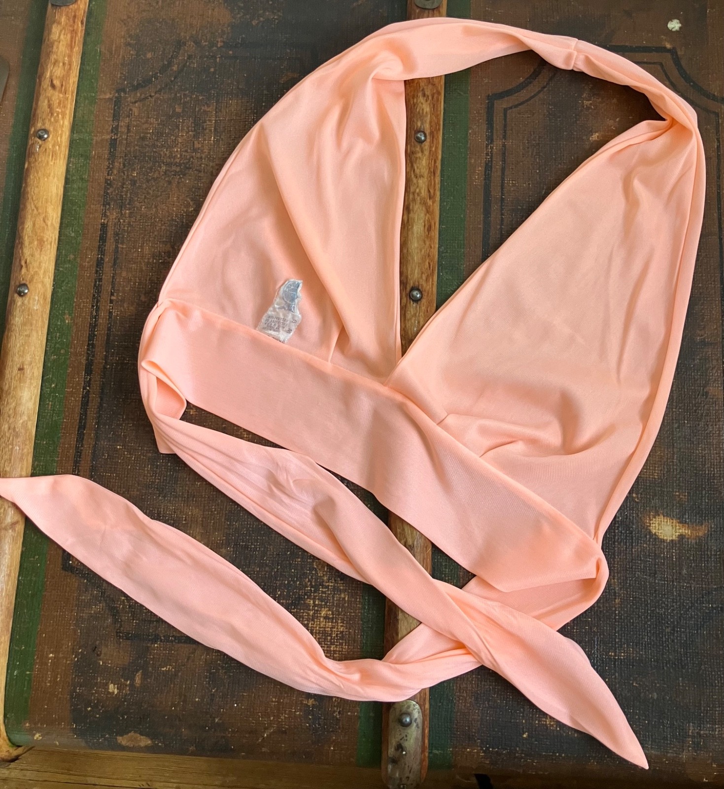 VTG 70s ORANGE SHERBET HALTER TIE TOP WRAP CROP NYLON KNIT UNION/USA-MADE EUC M