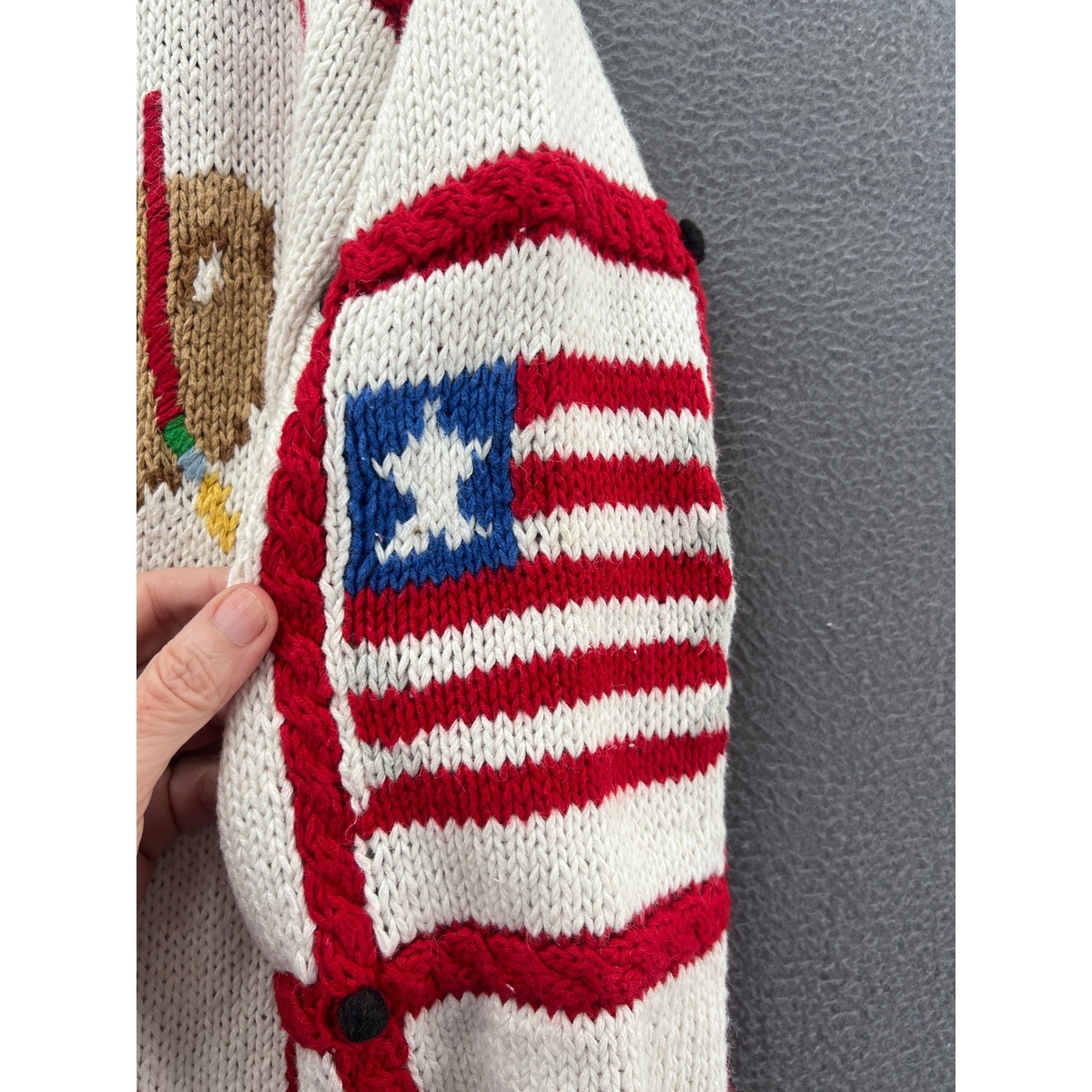 Vintage The Eagle’s Eye Hand Knit Teacher School Cardigan Sweater Cream Red 1993