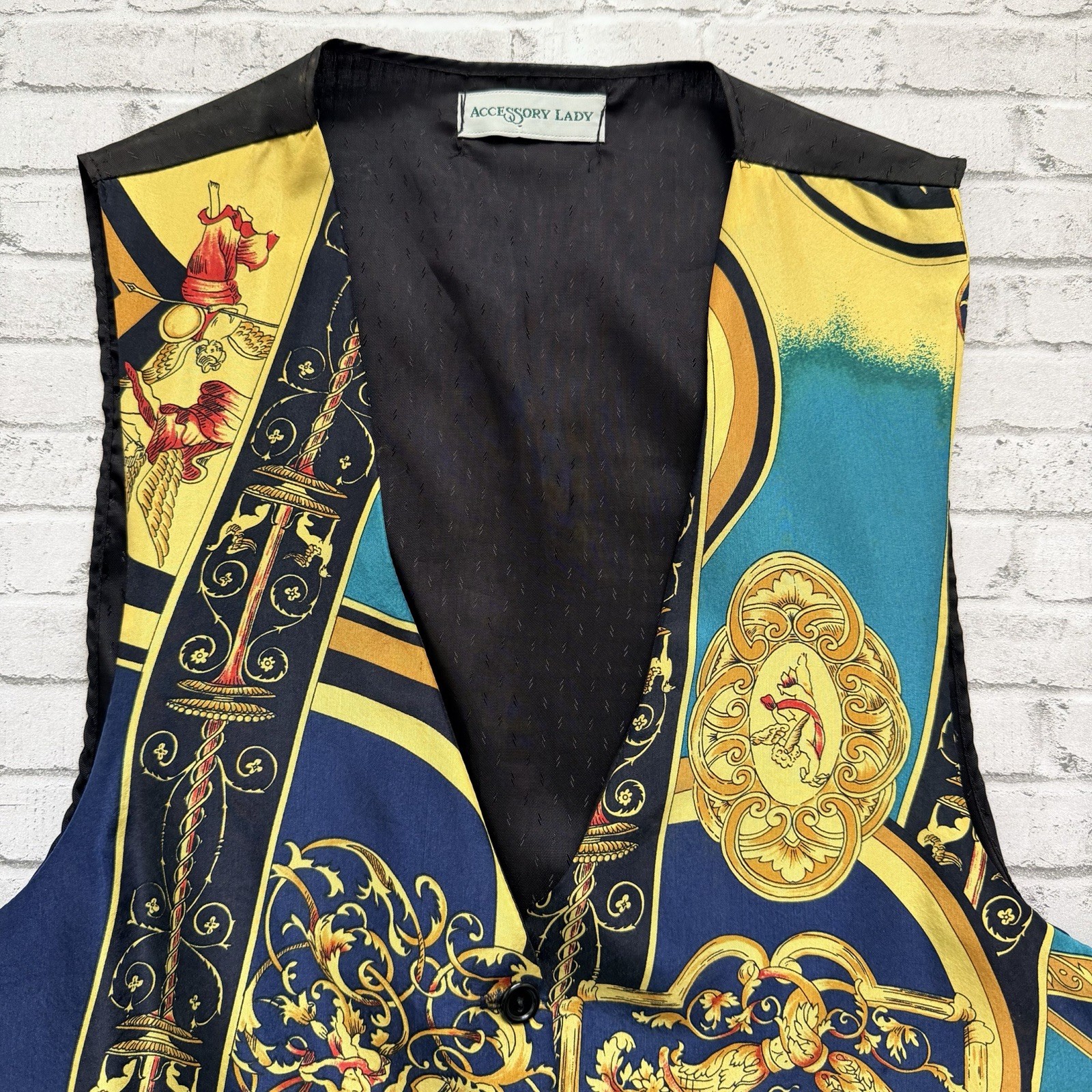 Vintage 90s Accessory Lady Gold Filigree & Cherubs Silk Vest