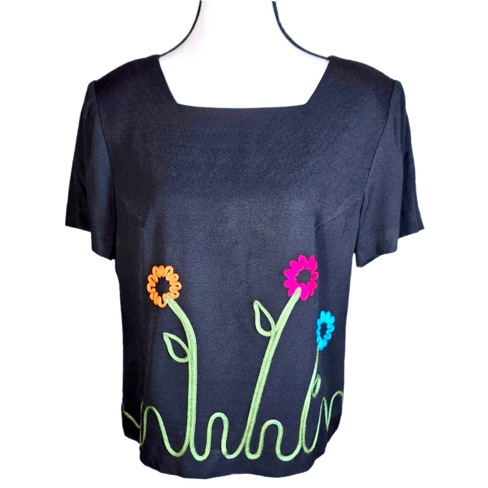 VTG Virgo II Black Blouse 10P Embroidered Floral Square Neck Top 90s Made USA