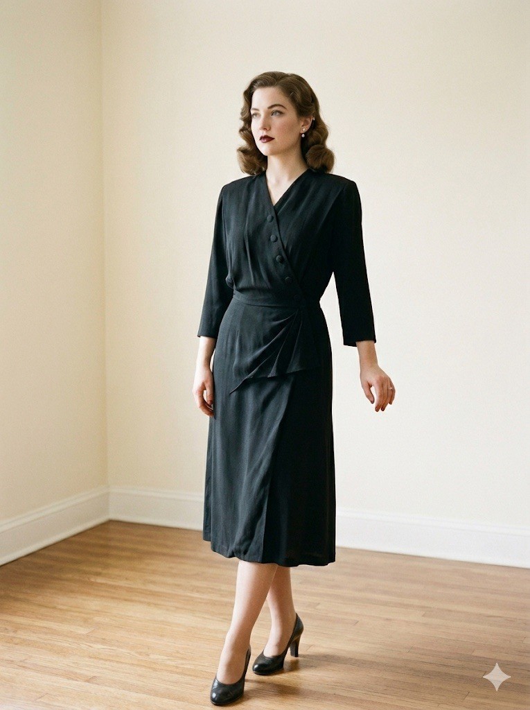 Vintage 40’s Design By Adele Simpson Black Crepe Dress w/Peplum WW2 Era 29w