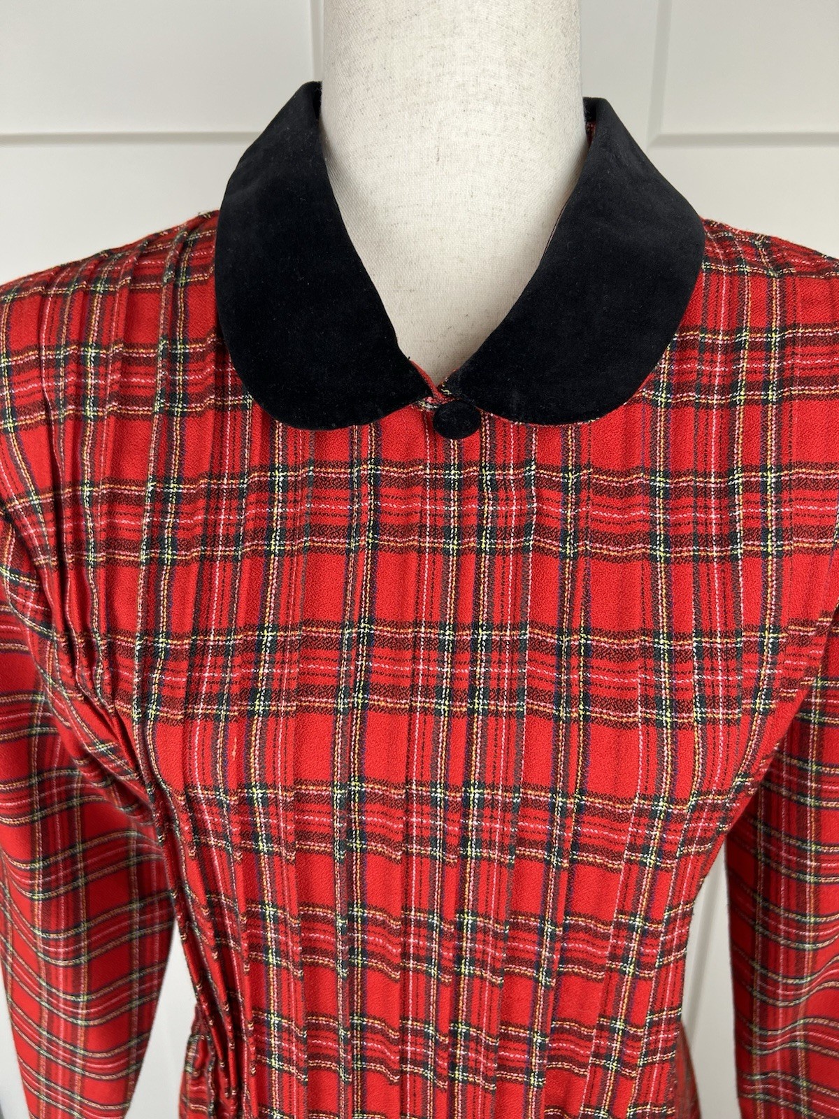 Vintage 80’s Misty Lane Red Tartan Plaid Maxi Dress Velvet Collar USA Union Made