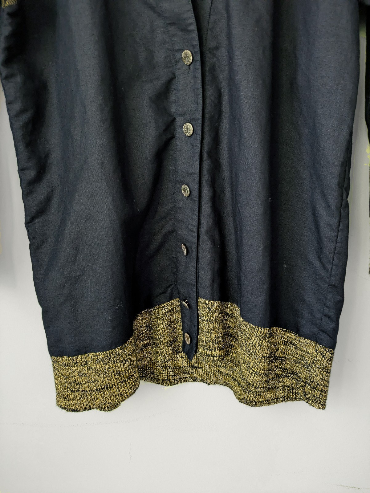 vtg 90s linen blend black & gold mid length cardigan jacket