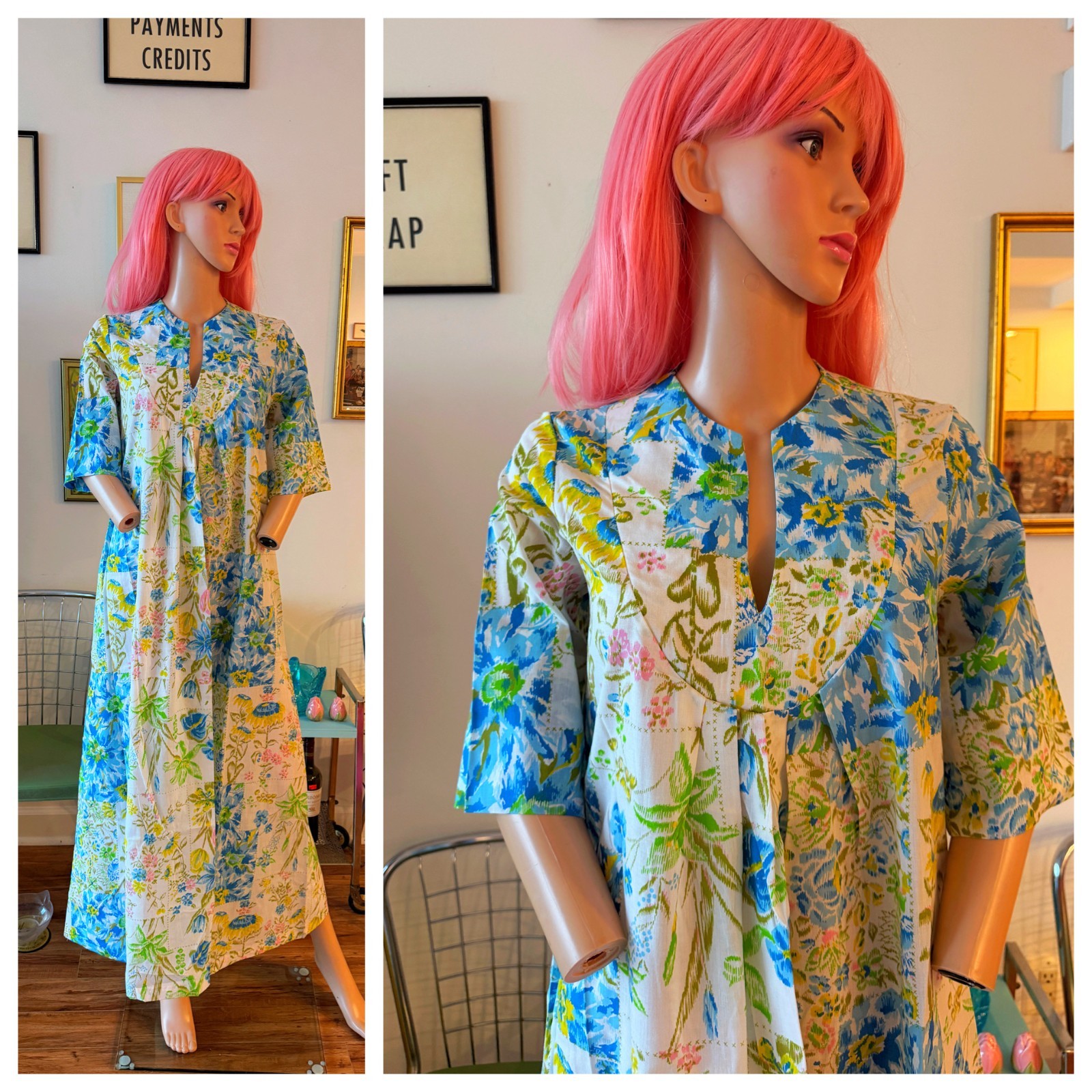 🌿 Vtg 60s Floral Garden Kaftan Hostess MuuMuu Bell Sleeve Maxi Dress S M