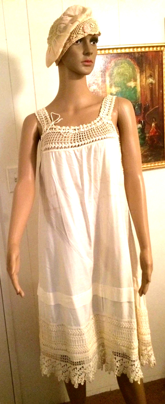 VTG Antique 1930-s Edwardian Nightlygown Crochet Bobbin Knit Cream Ecru Long S M
