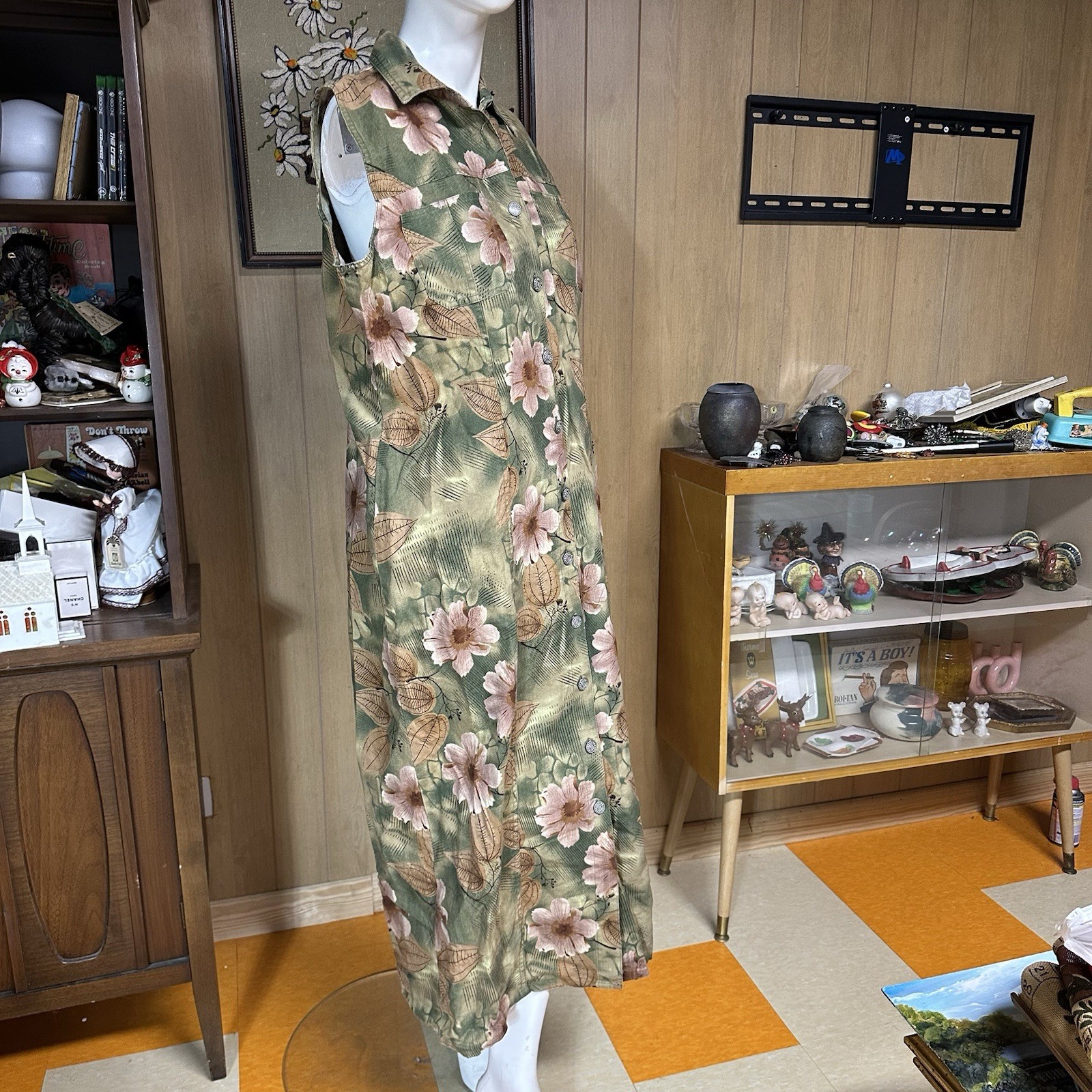 Vintage 90s Bill Blass Dress M/L Flower Midi Maxi Button Front Linen
