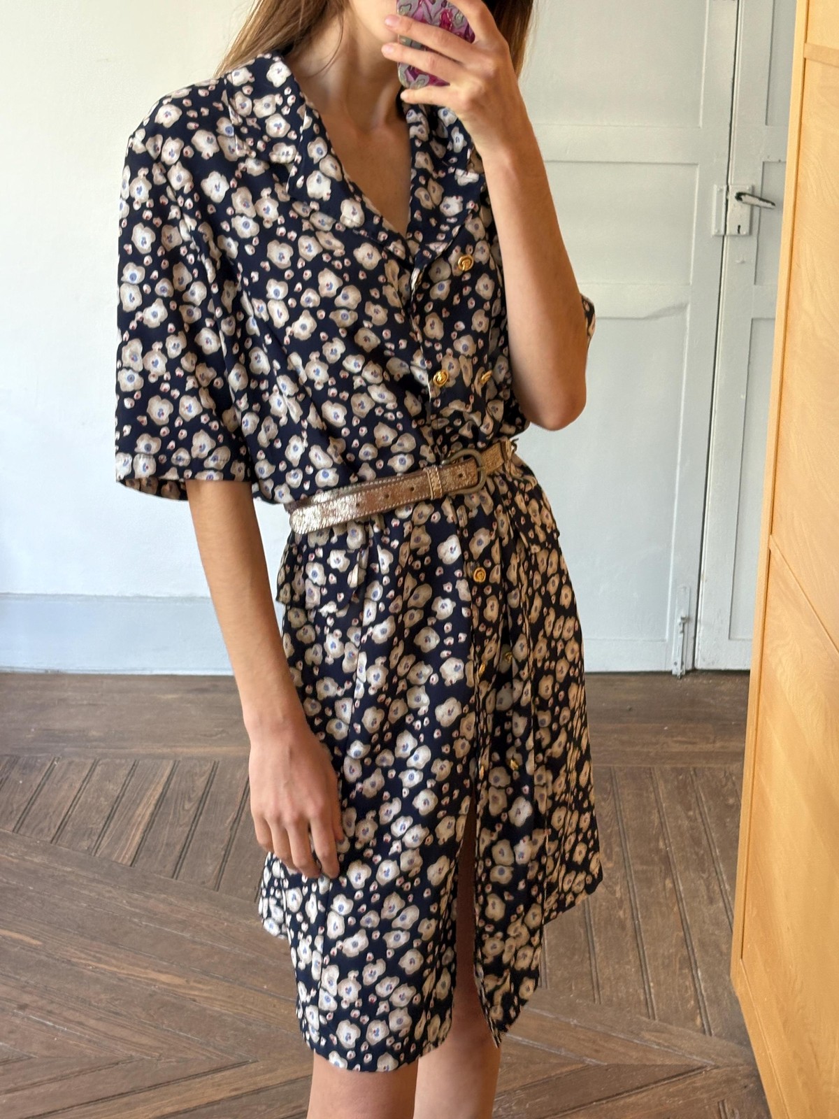 Vintage floral blue dress, Flower print housewife dress, Retro 80s woman style