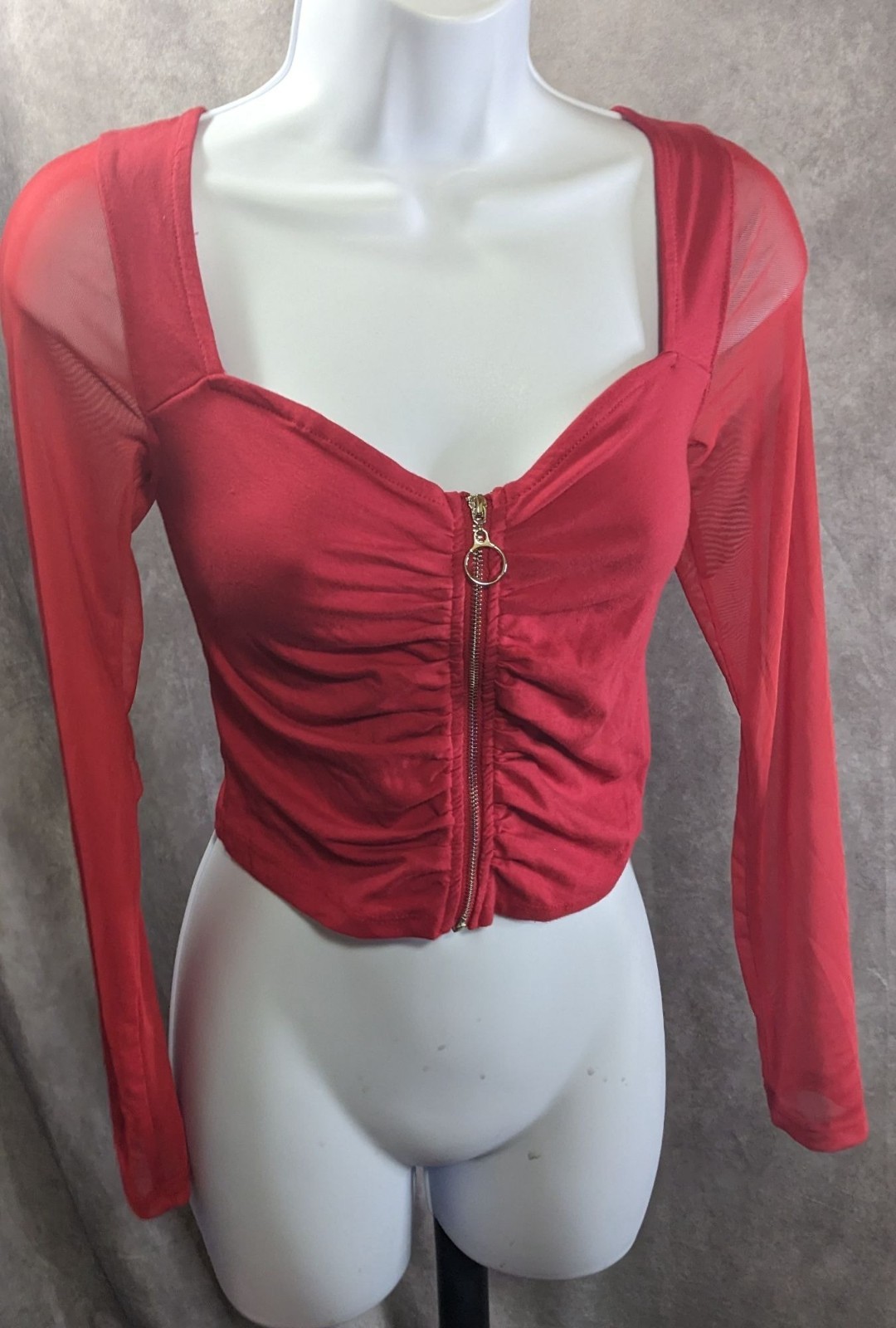 Vintage 90s Ambiance Red Long Sleeve Top With Mesh Sleeves & Gold Zip Front