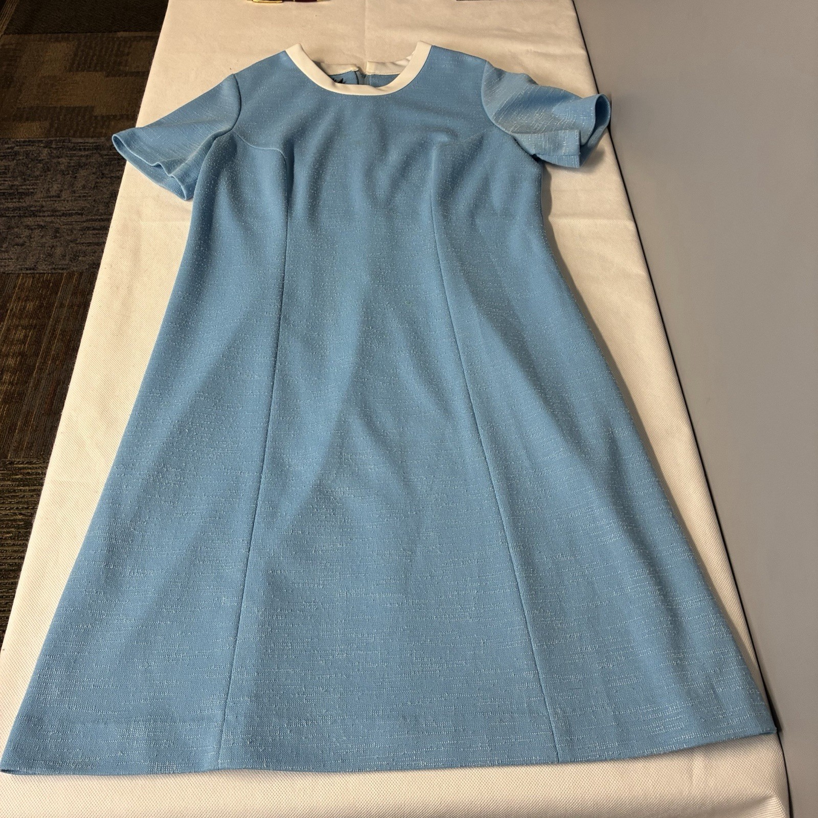 Vintage 60s Mynette Dress Womens Sz Large Blue Textured Mod Shift Stained