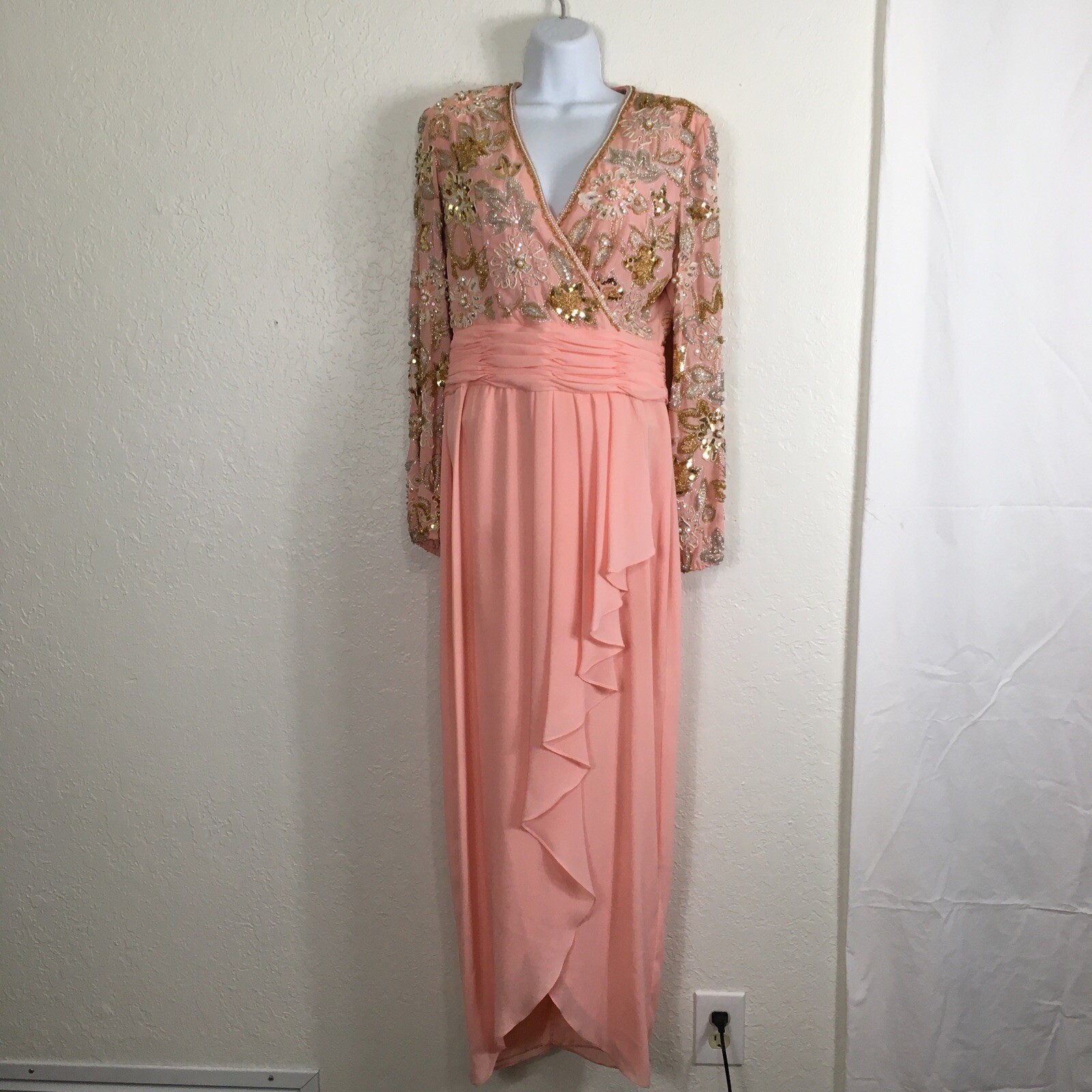 Niteline By Della Roufogali VTG Formal Dress Sz 10 Beaded Sequined Coral Wrap