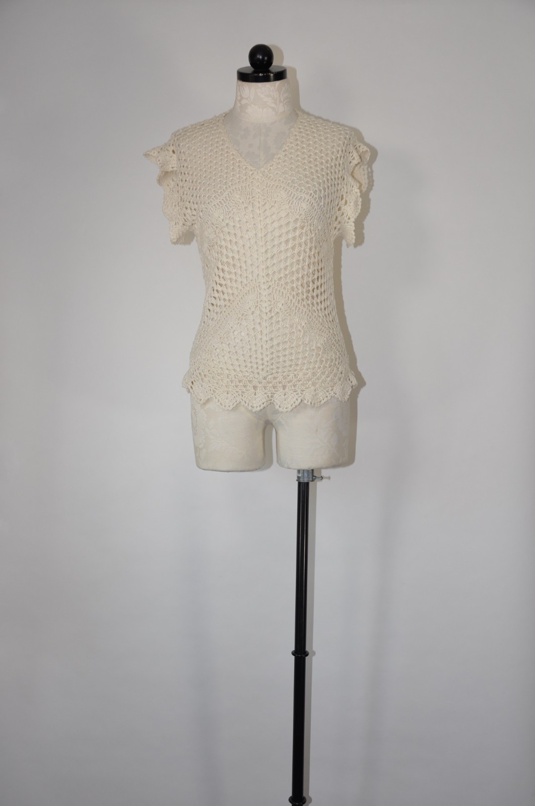 70s Cream Crochet Bohemian Knit Tank Top Sleeveless Pullover Sweater Women S M