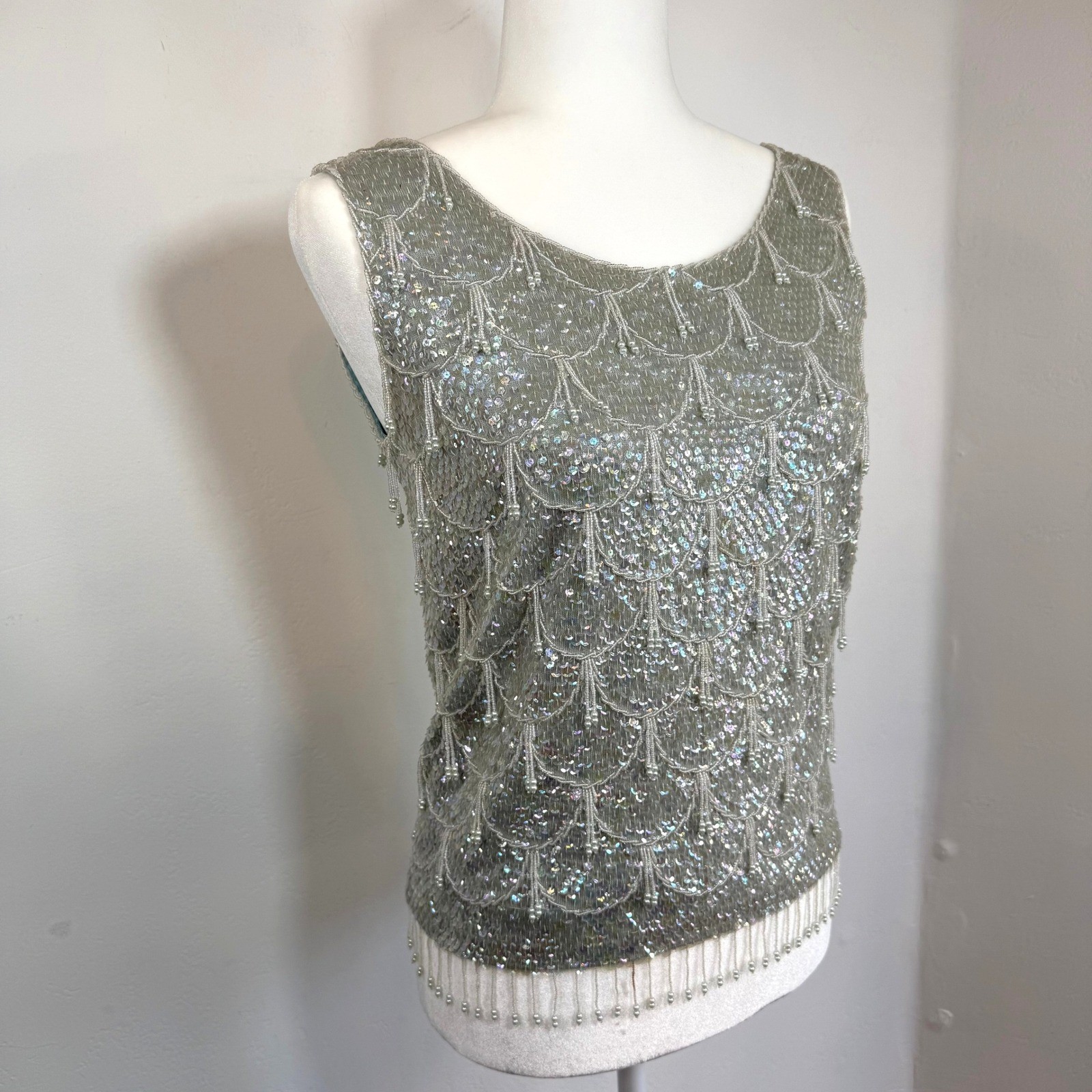 Vintage Beaded Sequin Evening Top Mermaidcore Gatsby Fairy 100% Wool Hong Kong S