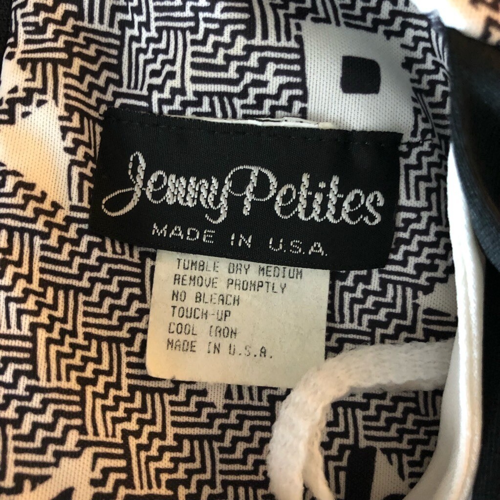 Jenny Petites Peplum Dress Vtg 80s Black Geometric 3/4 Sleeve Shoulder Pads 8