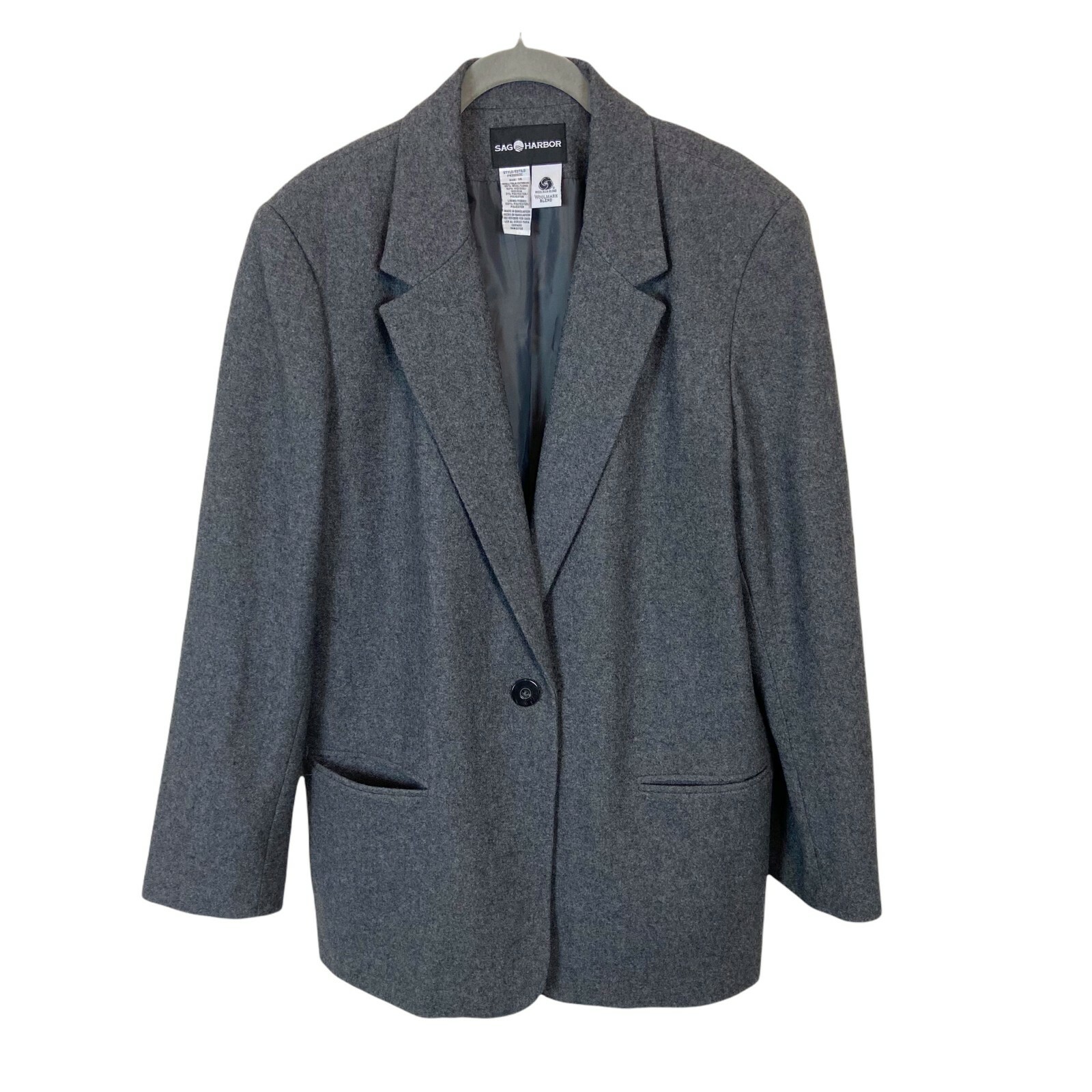 Sag Harbor Boyfriend Blazer Vintage Women’s Sz 14 Gray Wool Heathered Collared