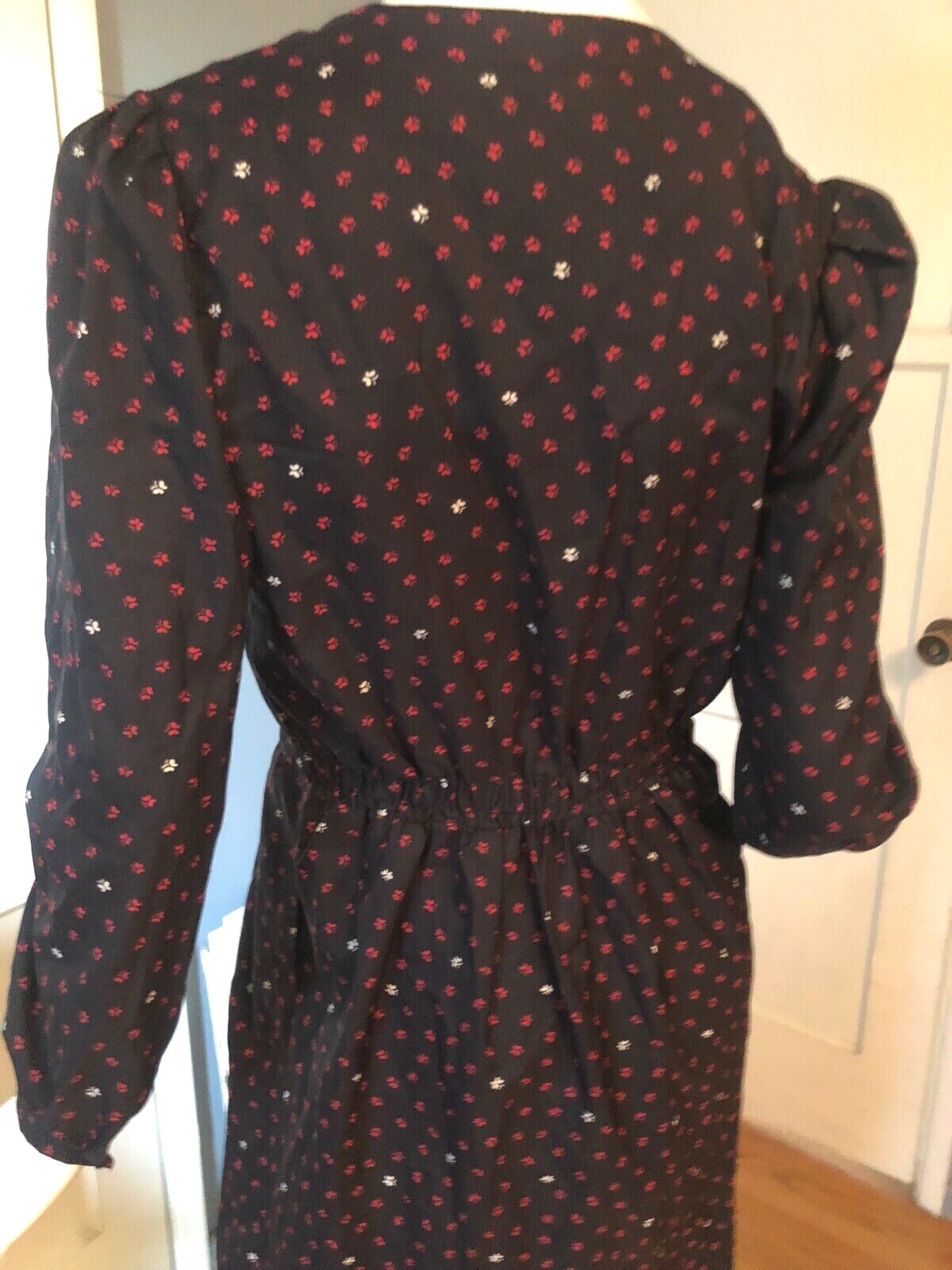 Dress 7 Vtg 70s 80s Poly WHIMSY BUTTERFLY Print PUFF SLEEVE Secretary DISCO S M