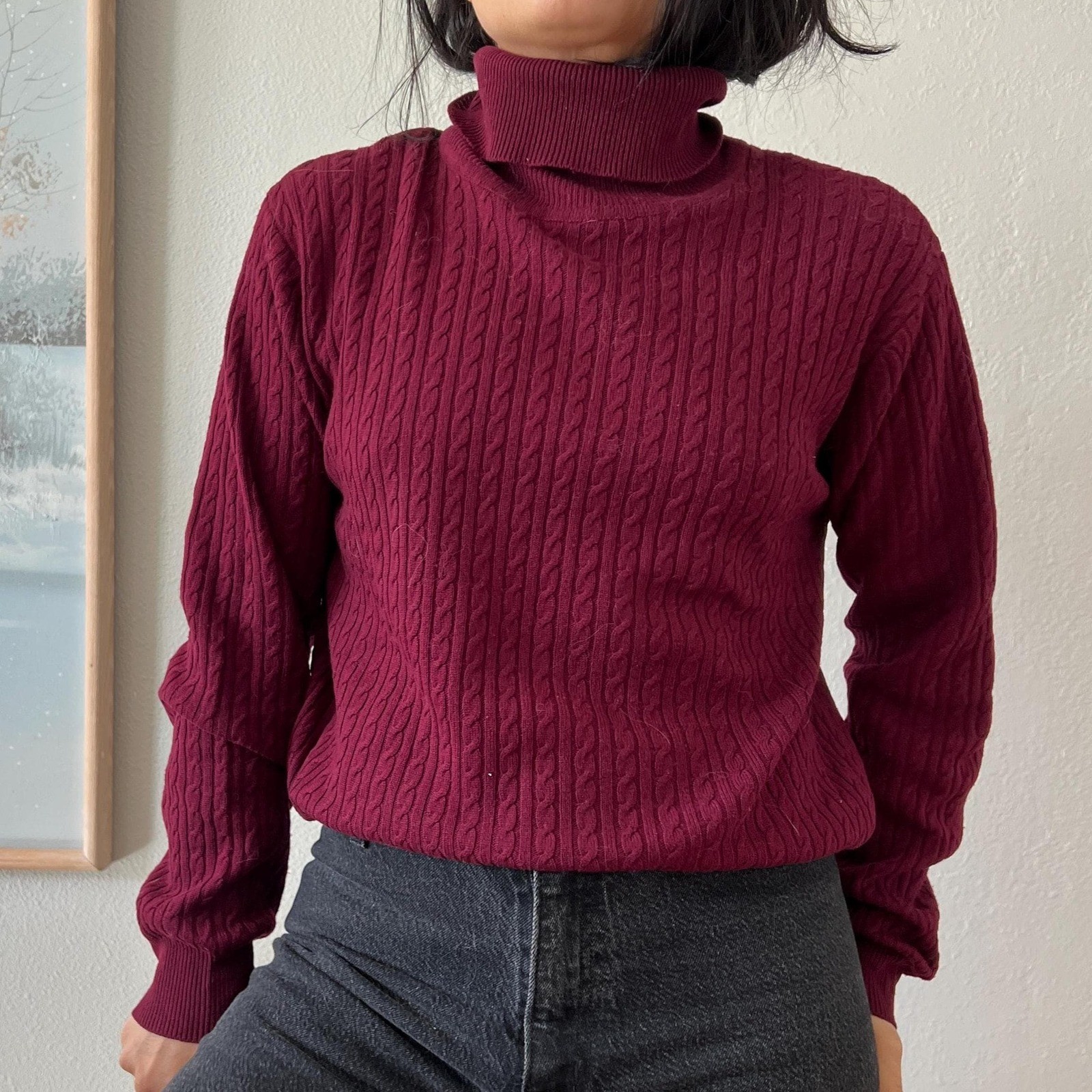 vintage 90s Silk Cashmere Turtleneck Sweater Burgundy Cable Knit Neiman Marcus