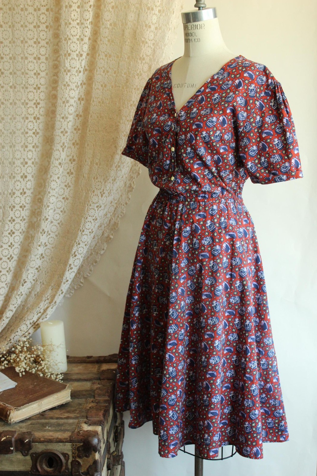 Vintage 1980’s Shirtwaist Dress, Volup 1950s Style Ginger Jar Novelty Print Midi