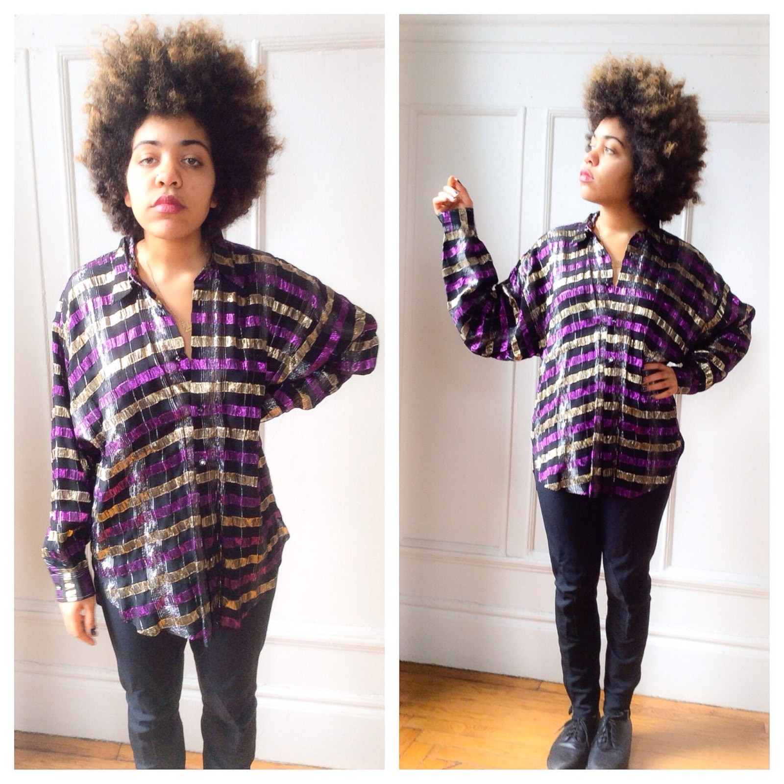 Metallic Threaded Oversize Disco Shirt Blouse Rayon Plaid Purple and Gold