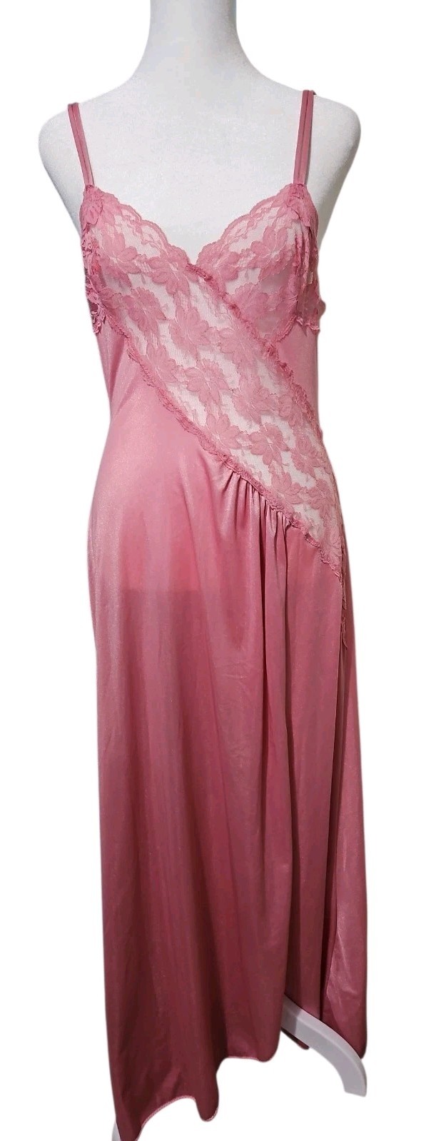 VTG 80s Val Mode Pink Nylon Nightgown Med Lace Maxi Lingerie Romantic Sexy USA
