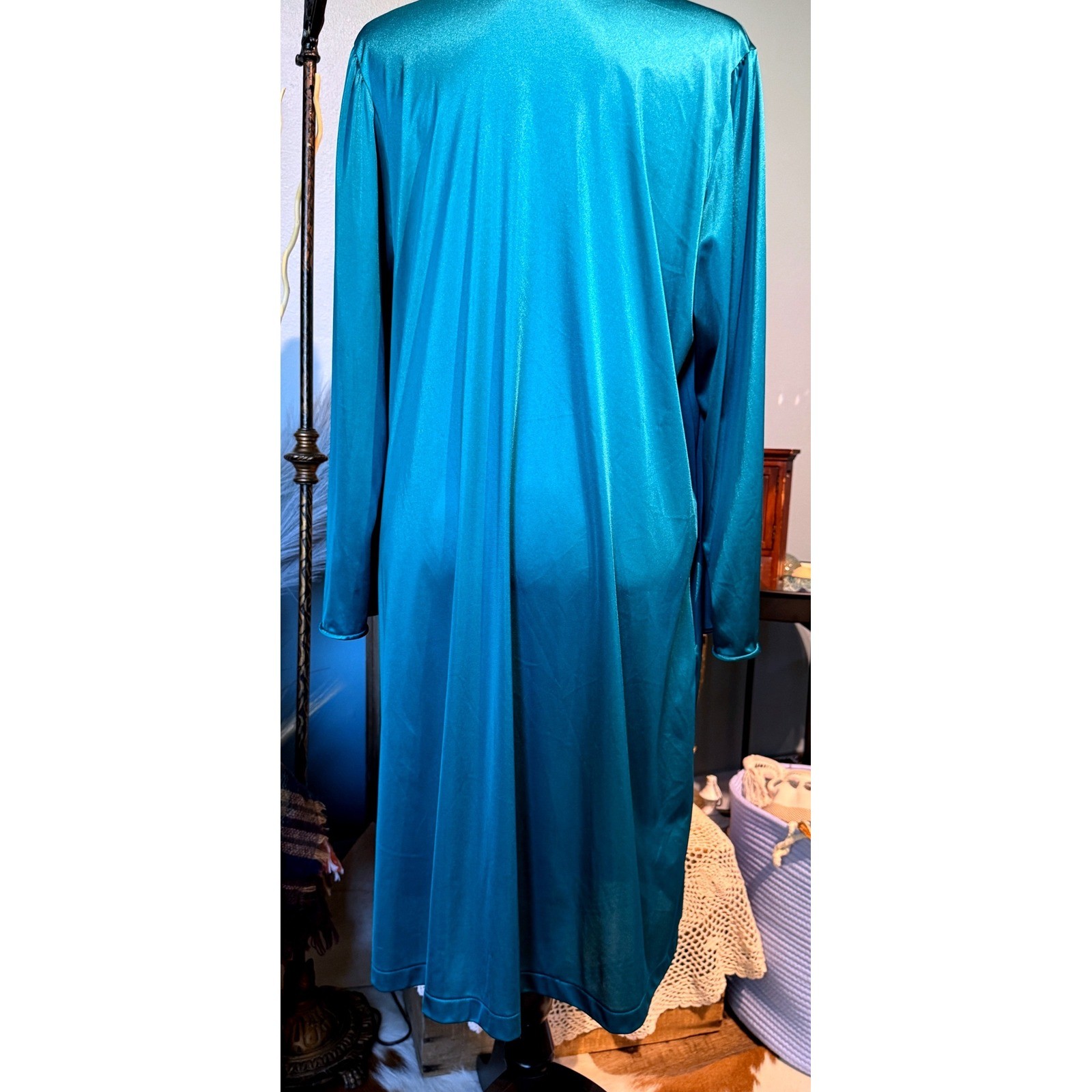 Vintage 1980s Vanity Fair Peacock Blue Nylon Tricot Lace Nightgown