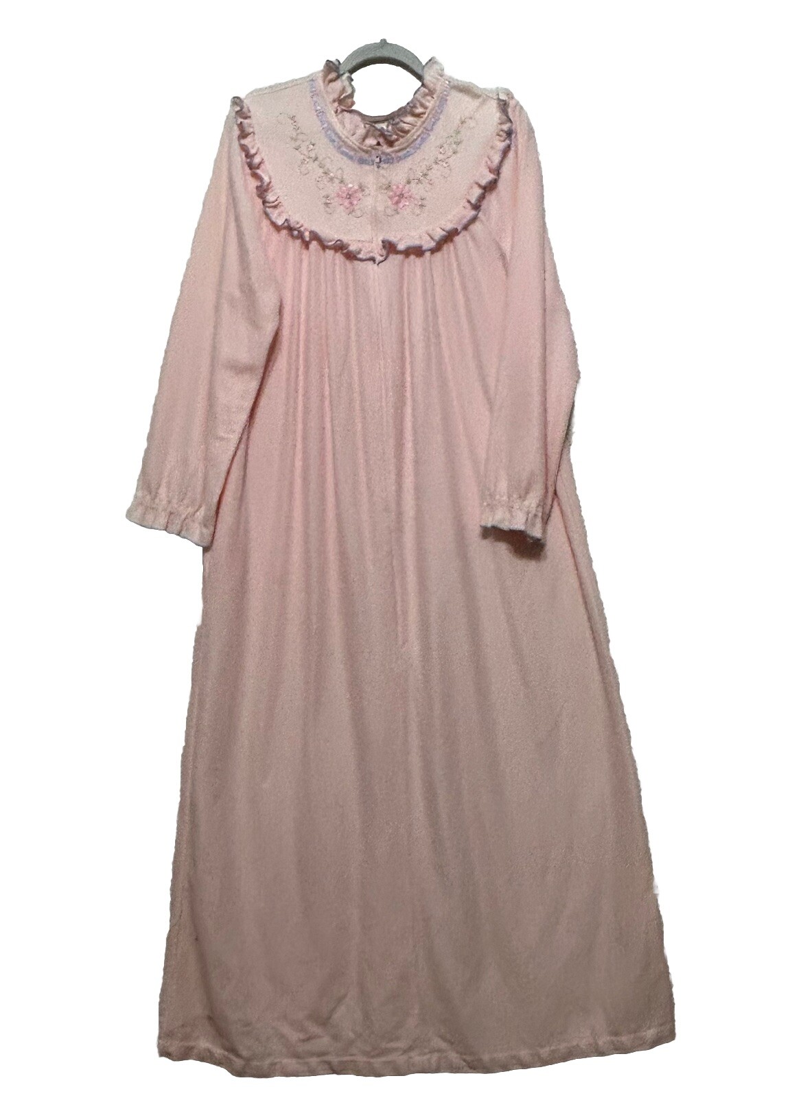 Vintage It’s A Charm Robe Women L Pink Embroidered Zip-Up Dressing Gown