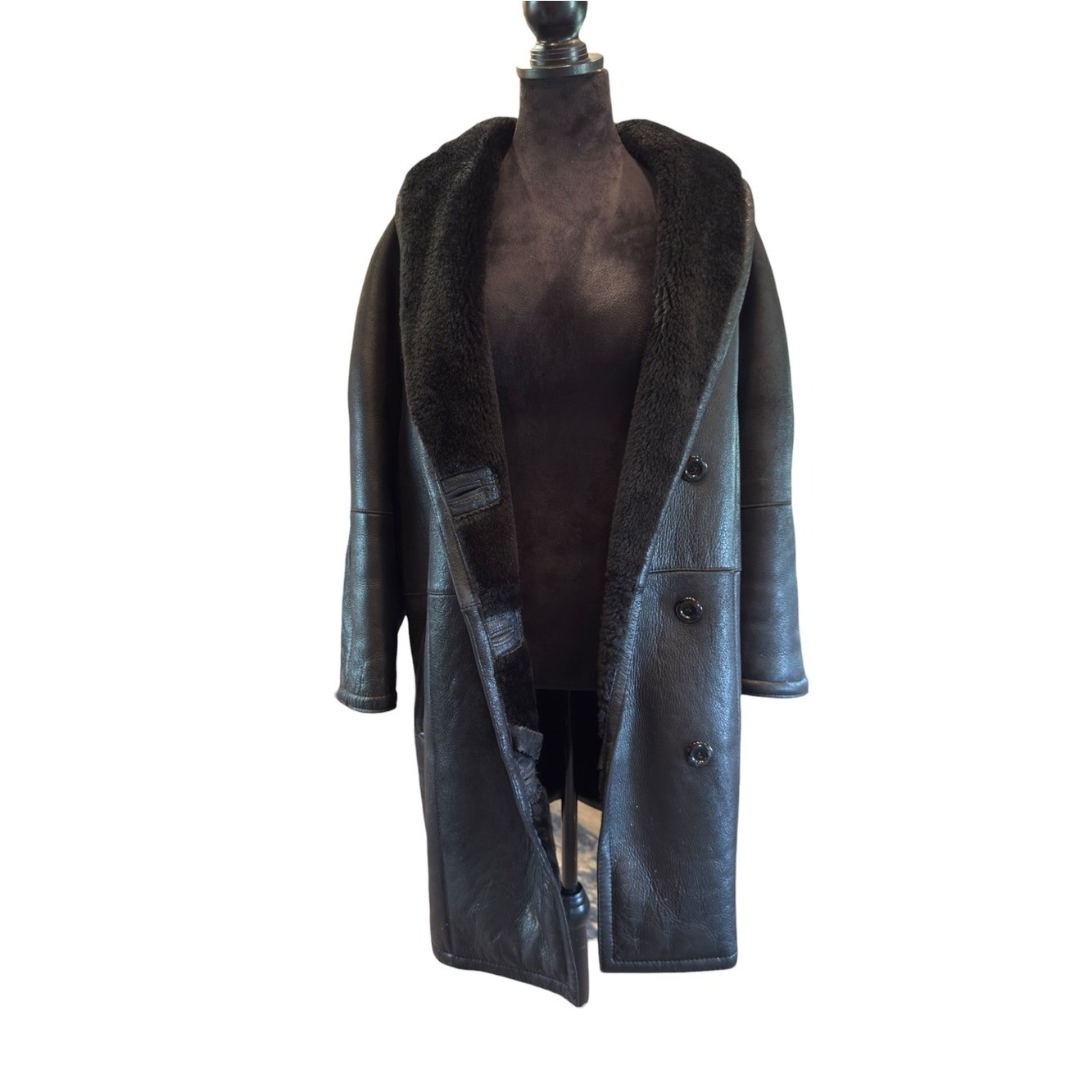 Montreal Sheepskin Genuine Shearling Coat Vintage 80s Black Leather Plush P/S