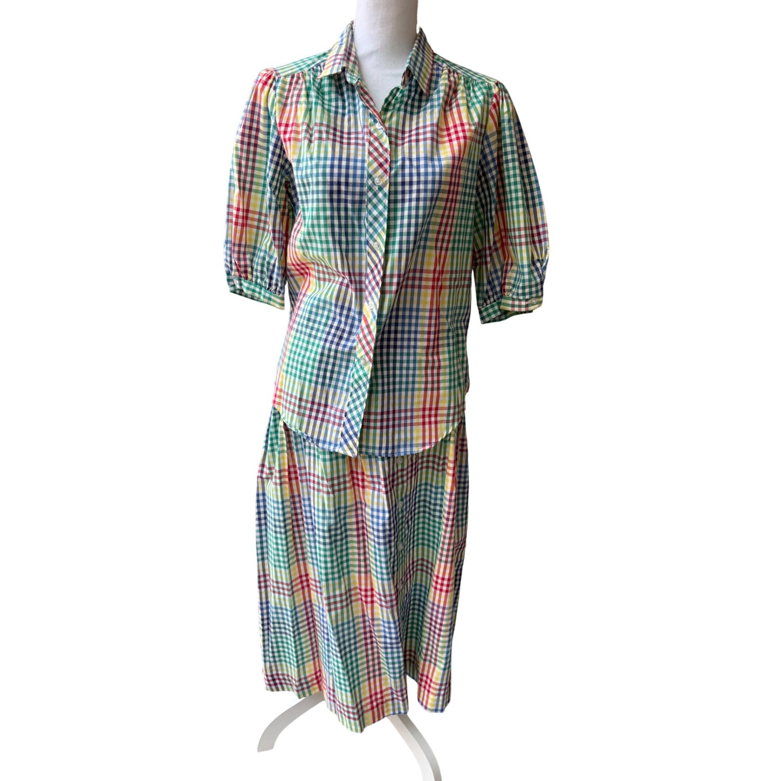 Cheryl Tiegs Vintage 80s Rainbow Gingham Plaid Skirt & Blouse Set Size 12