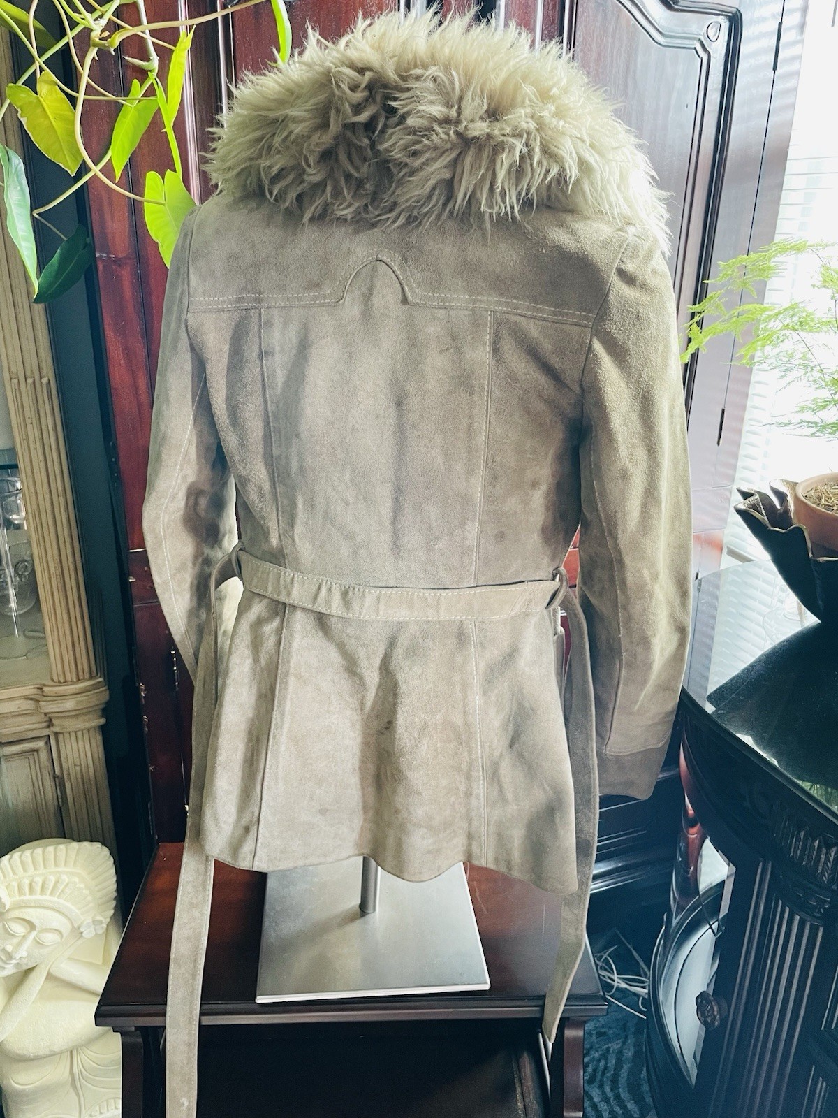 Suede Leather Jacket with Faux Fur Collar