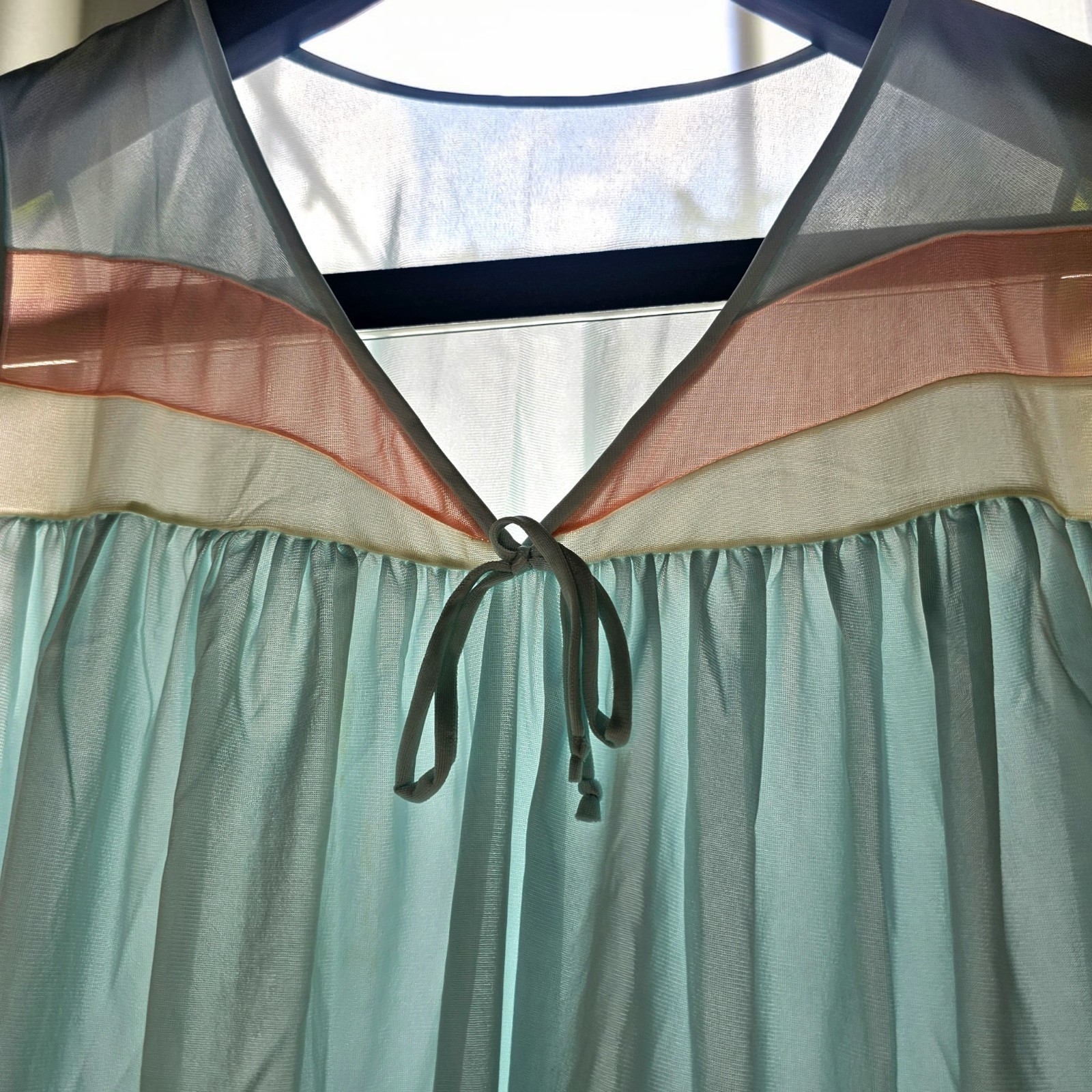 VTG Lorraine Nightgown MD Mint Seafoam Peach Color Block Sleeveless Nylon Sheer