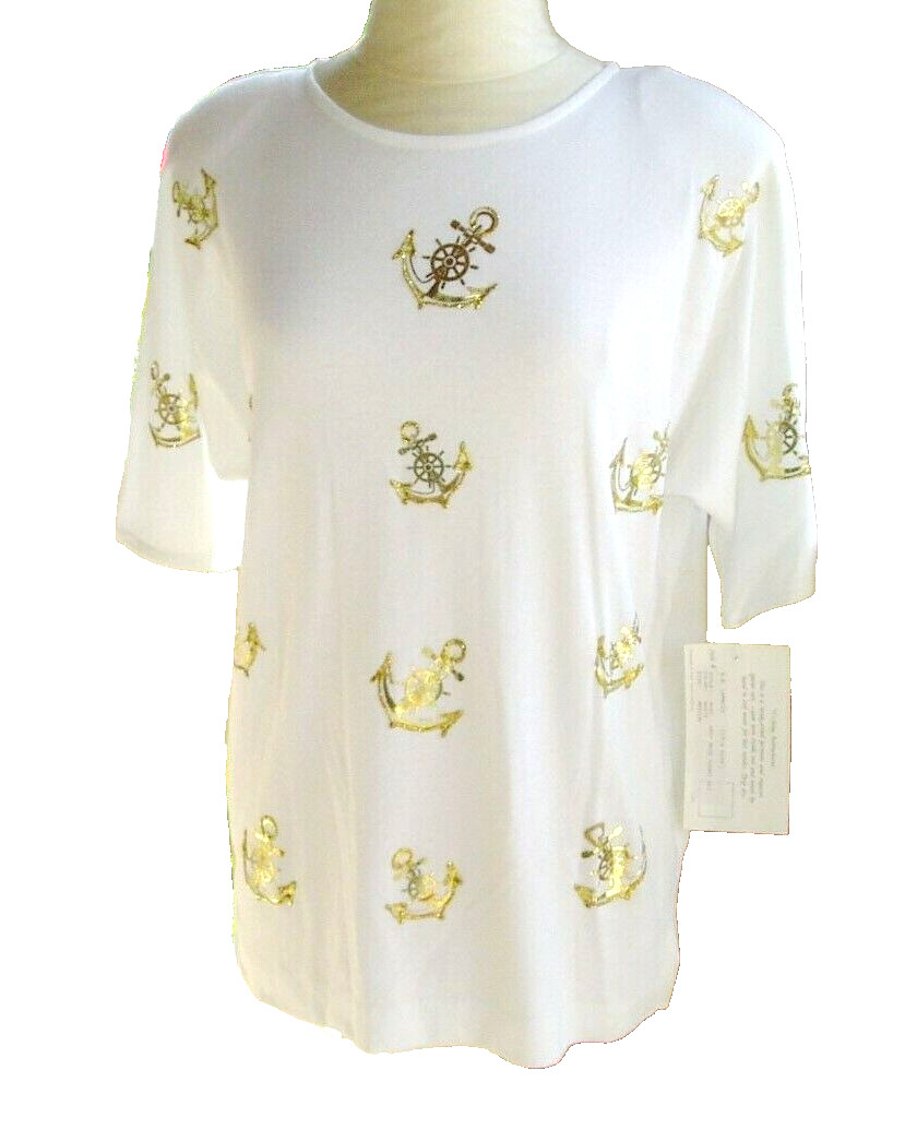 Vintage Laura Rogers Top M Hand Painted Gold ANCHORS Yacht Club Sailing 80’s NOS