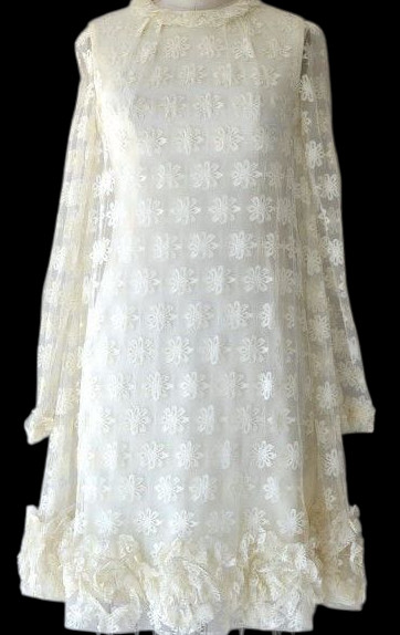 Vtg 1960s Emma Domb Fleur Vanille Mod Lace Overlay Wedding Babydoll Dress SZ S