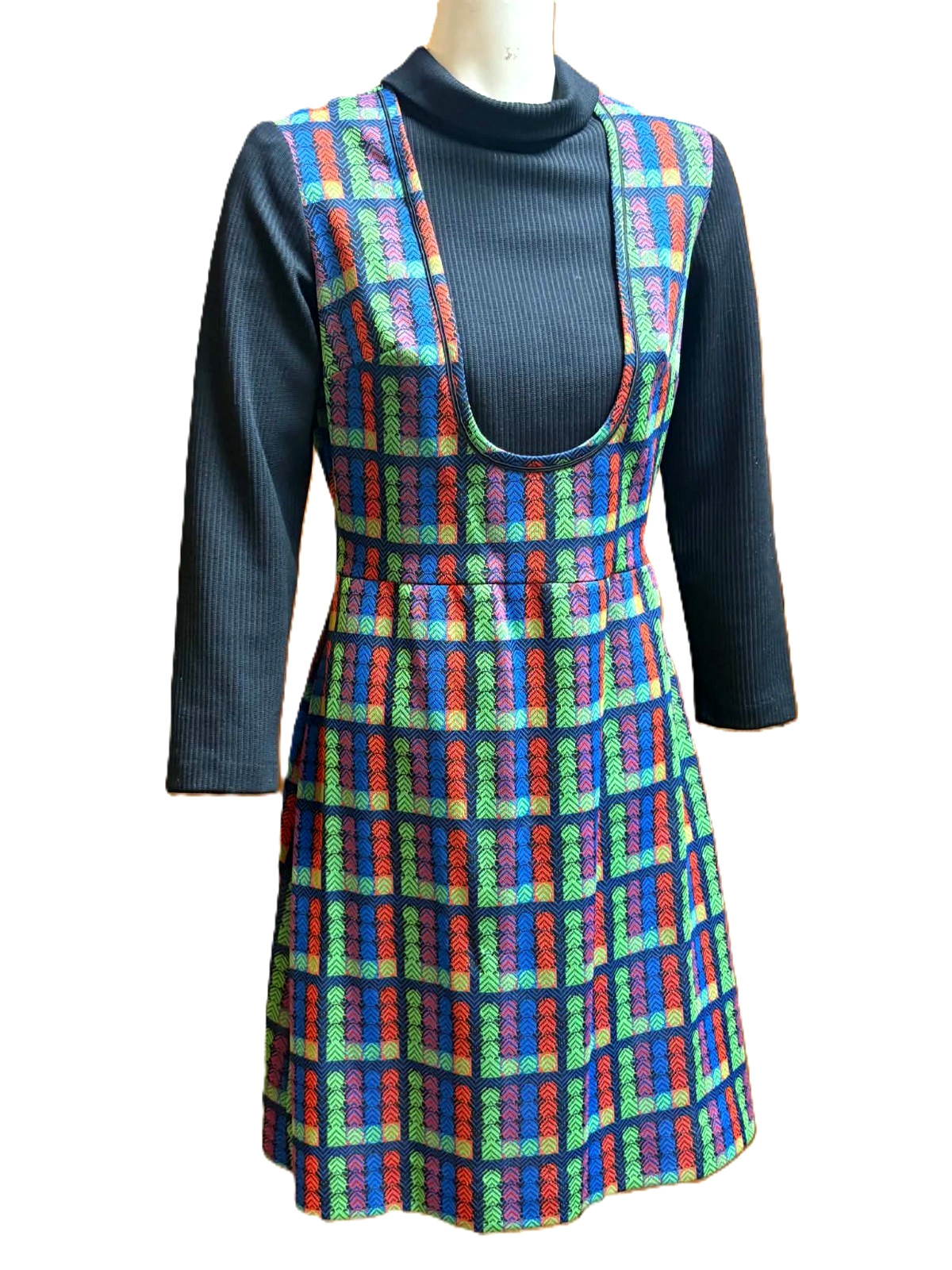 Vintage70s It’s Better Mod Geo Rainbow Print Pinafore Jumper Dress 16