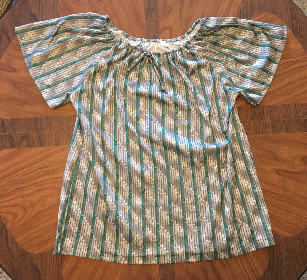 Vintage 1980s Shirt Retro Geometric Abstract Stripes Green Teal Silver Womens L