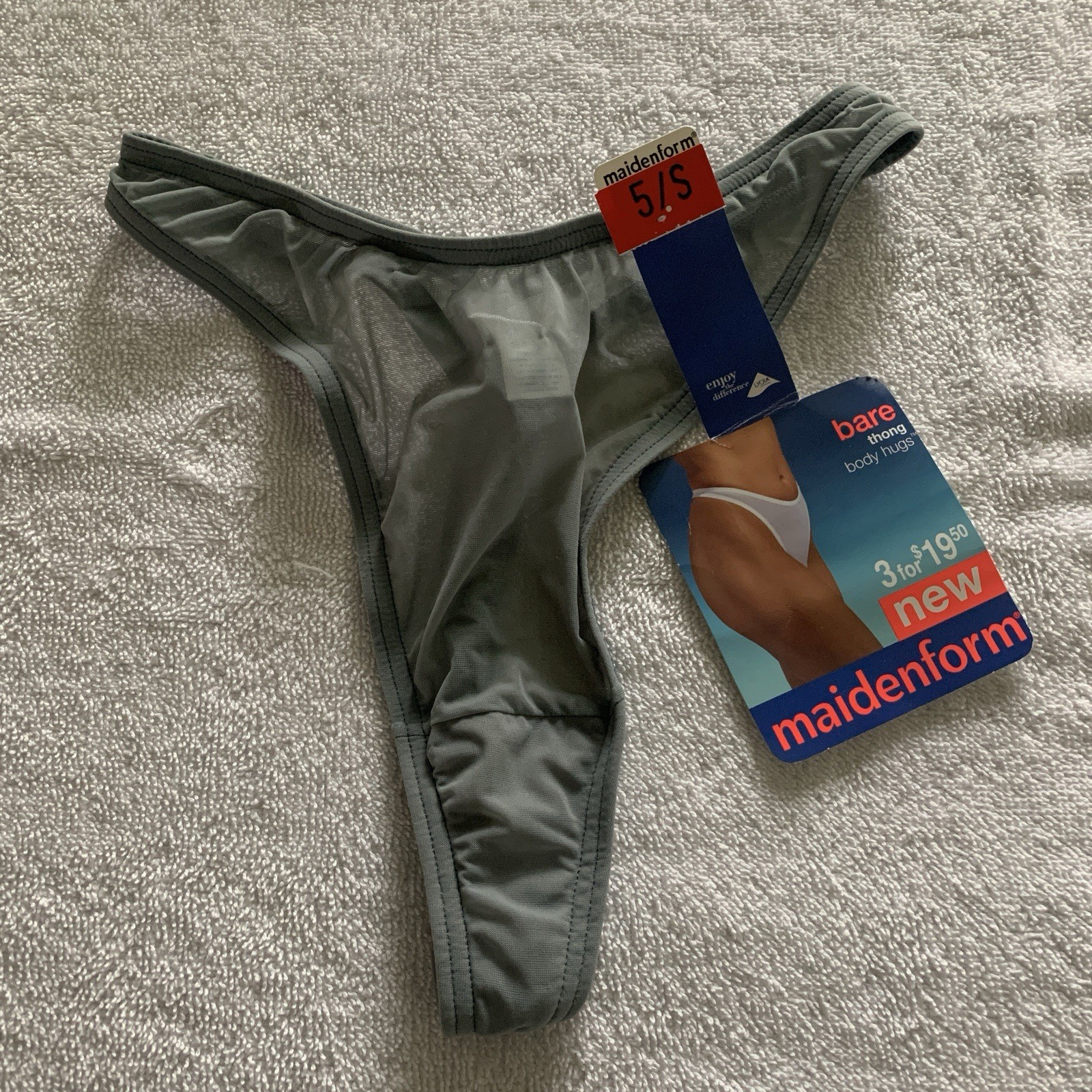 Women’s S/5 MAIDENFORM Vintage Bare Body Hugs Gray Thong Panties 40310 NWT