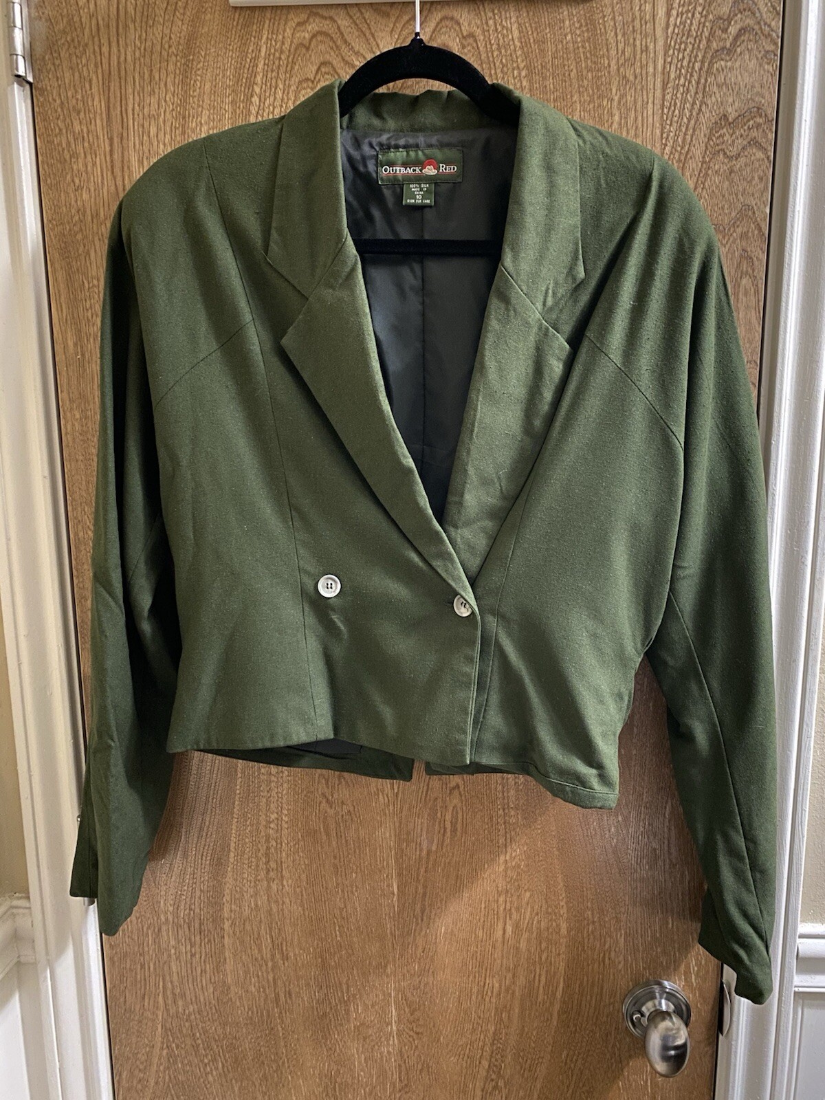 Vintage Outback Red 80s Cropped Blazer Olive Double Breasted 100% Silk Size 10