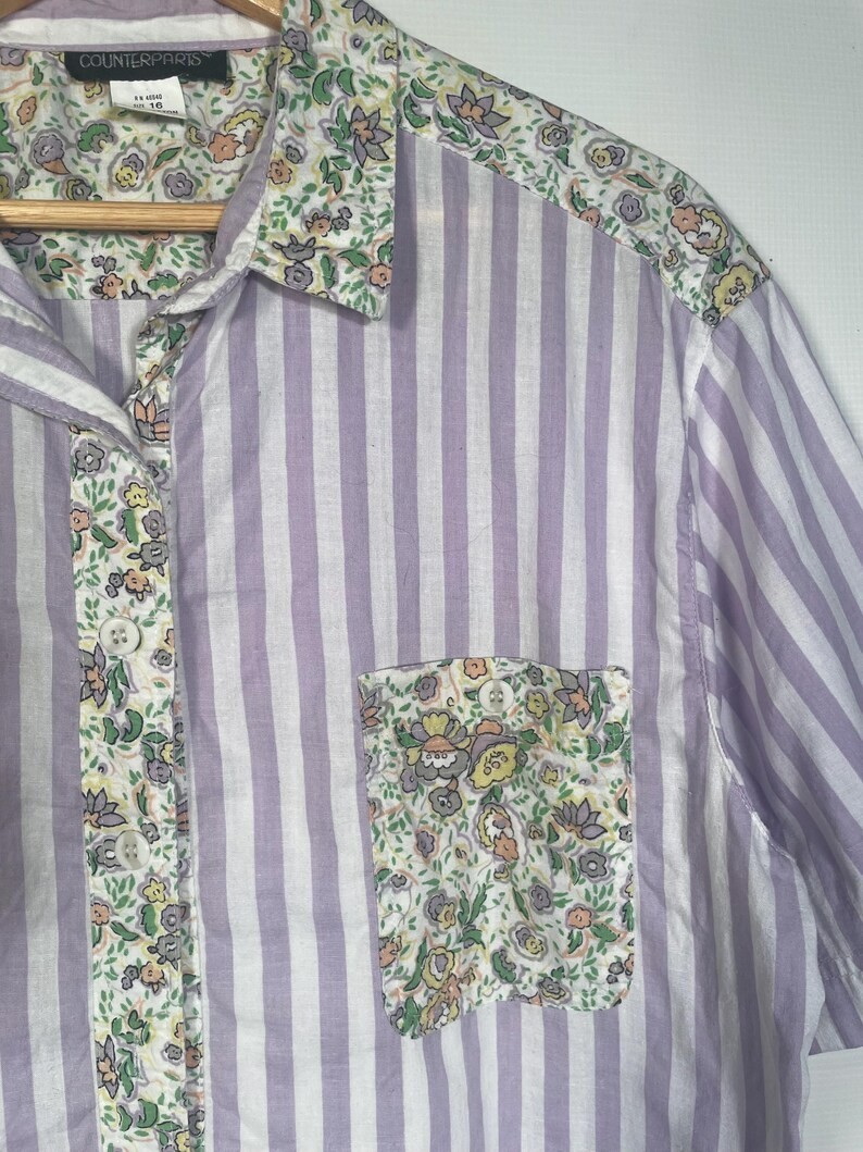 Vintage 1990s Plus Size Spring Floral All Cotton Striped Blouse Size 16 XL