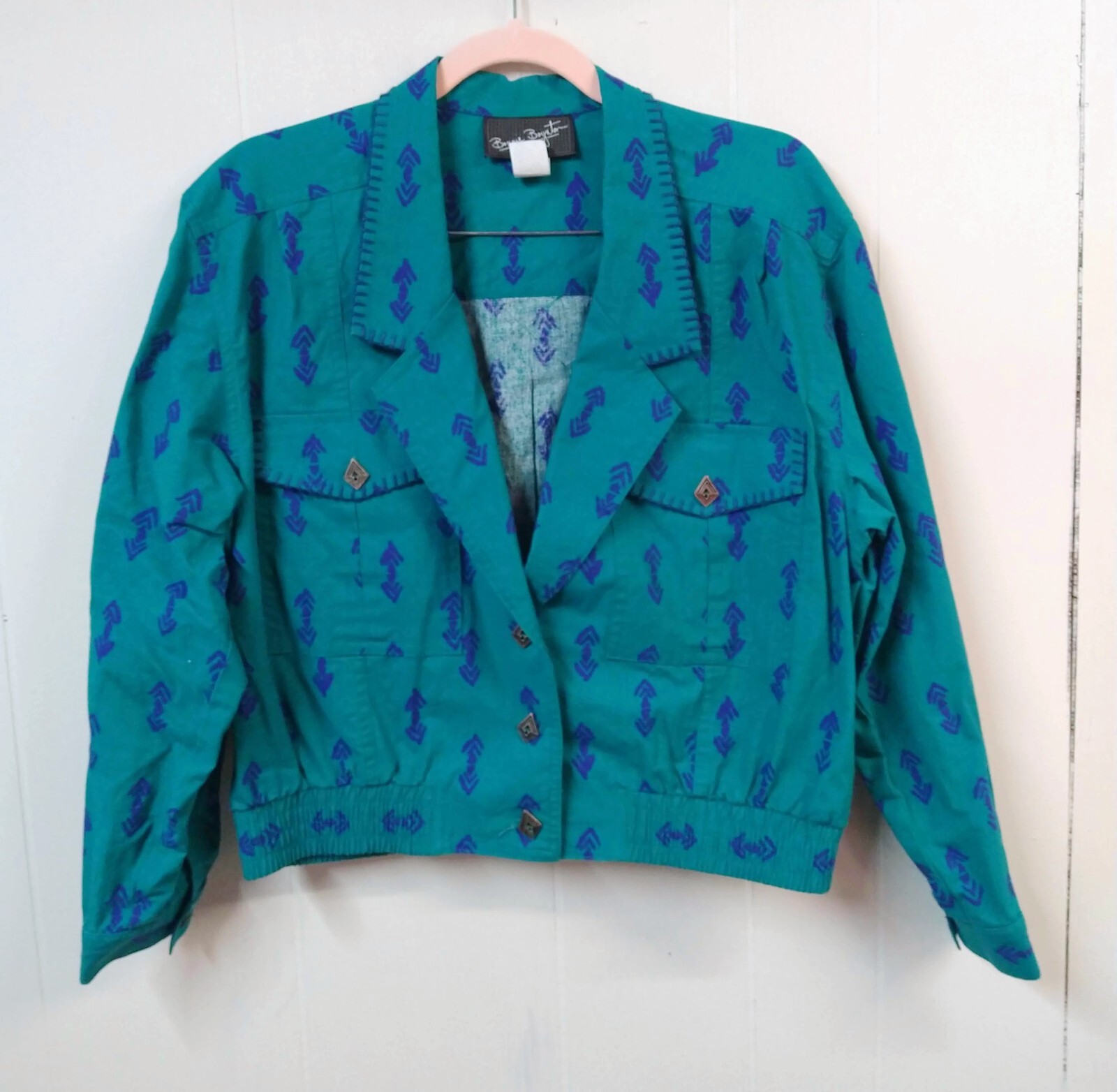 VTG Bonnie Boynton Wm S Jacket Green/Blue Southwest Theme 2 Pockets Short Lapel