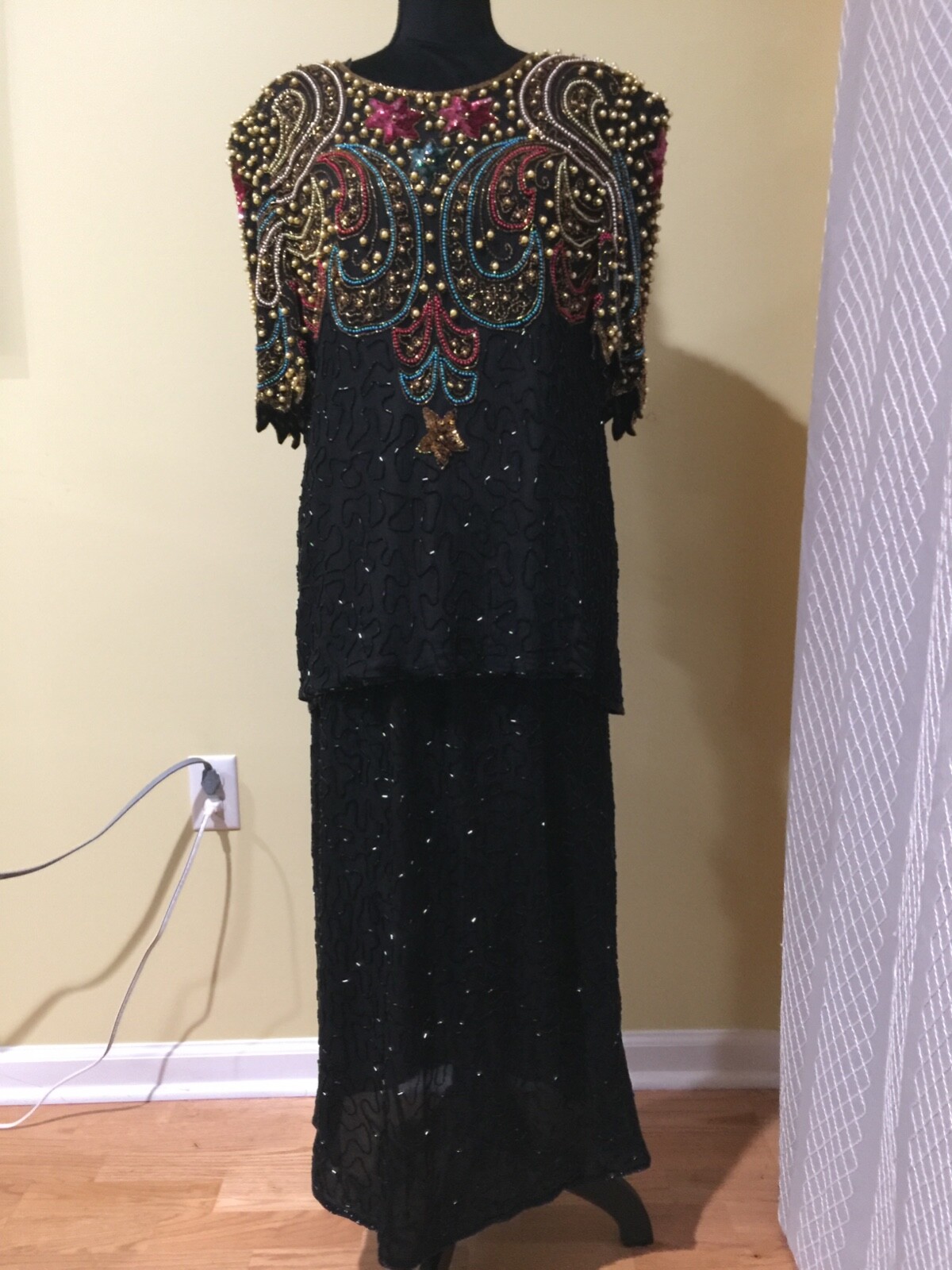 Vintage Carina Pure Silk Black Beaded Multicolor Top&Skirt X2 made in India