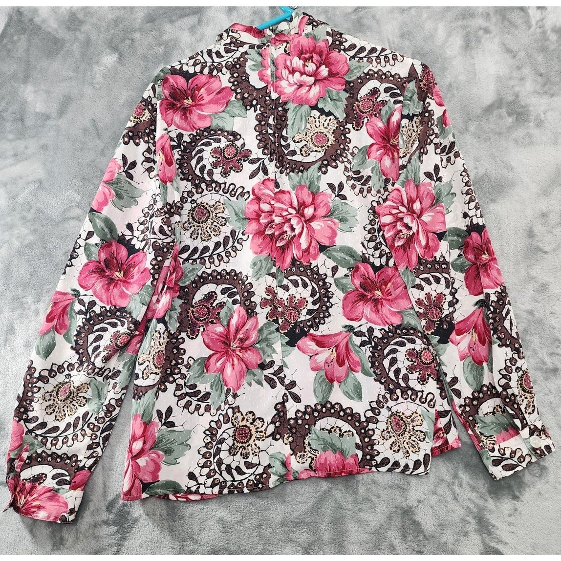 Vintage Pyke LTD Top Womens M Pink Floral High Pleated V-Neck Long Sleeve Zip