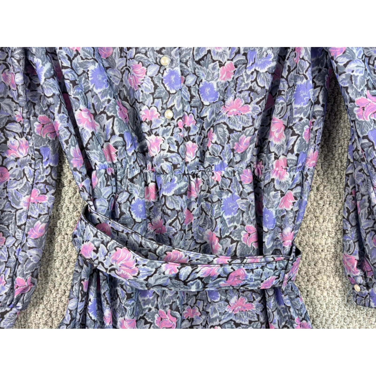 Vintage Sue Sherry 70s Union Made Belted Shoulder Pad Floral Lace Dress 16