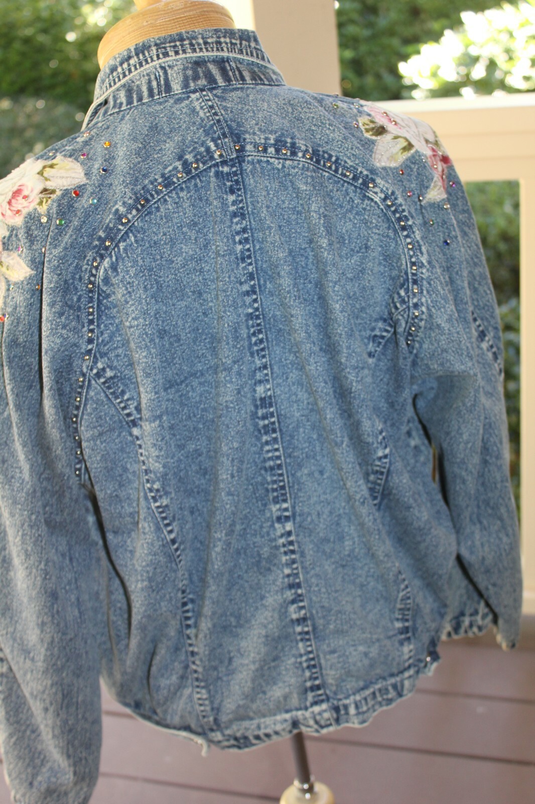 Vintage Denim 1980s Studded ladies M Jean Jacket floral bedazzle blue 90s floral