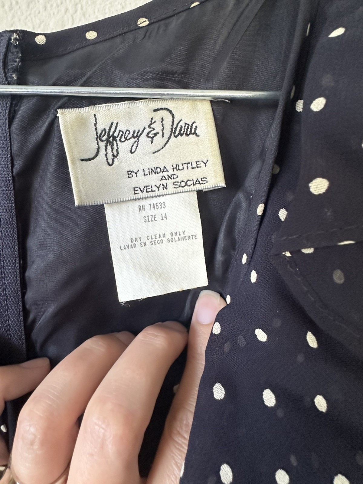 womens vintage dress Jeffrey & Dara, size 14 Polka Dot Flutter Sleeve Navy